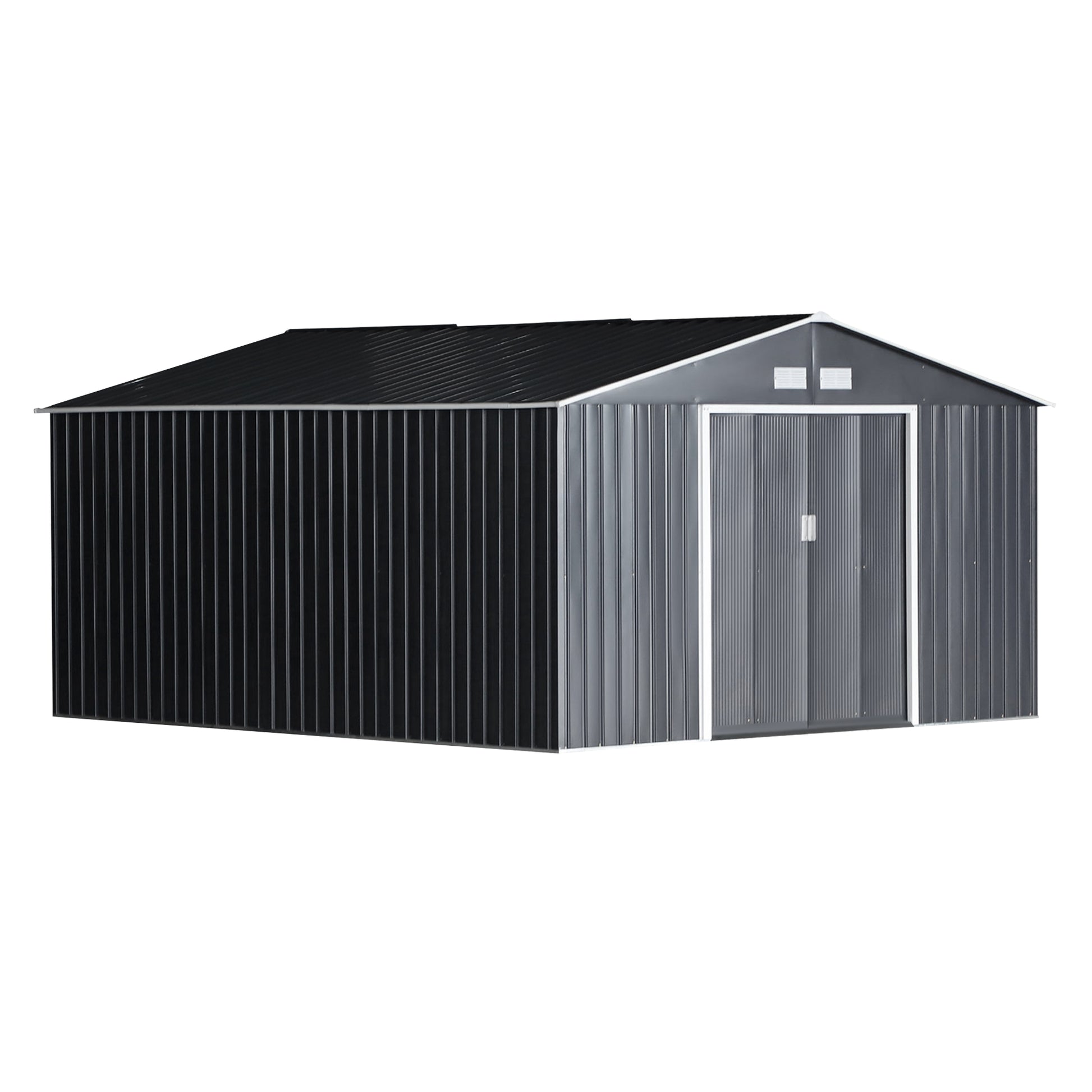 Outsunny Caseta de Jardín Exterior 12,4 m² 340x386x200 cm Cobertizo de Jardín Exterior con Puerta Corredera Techo Inclinado Base Refuerzo (Suelo NO Incluido) y 4 Ventanas Gris Oscuro