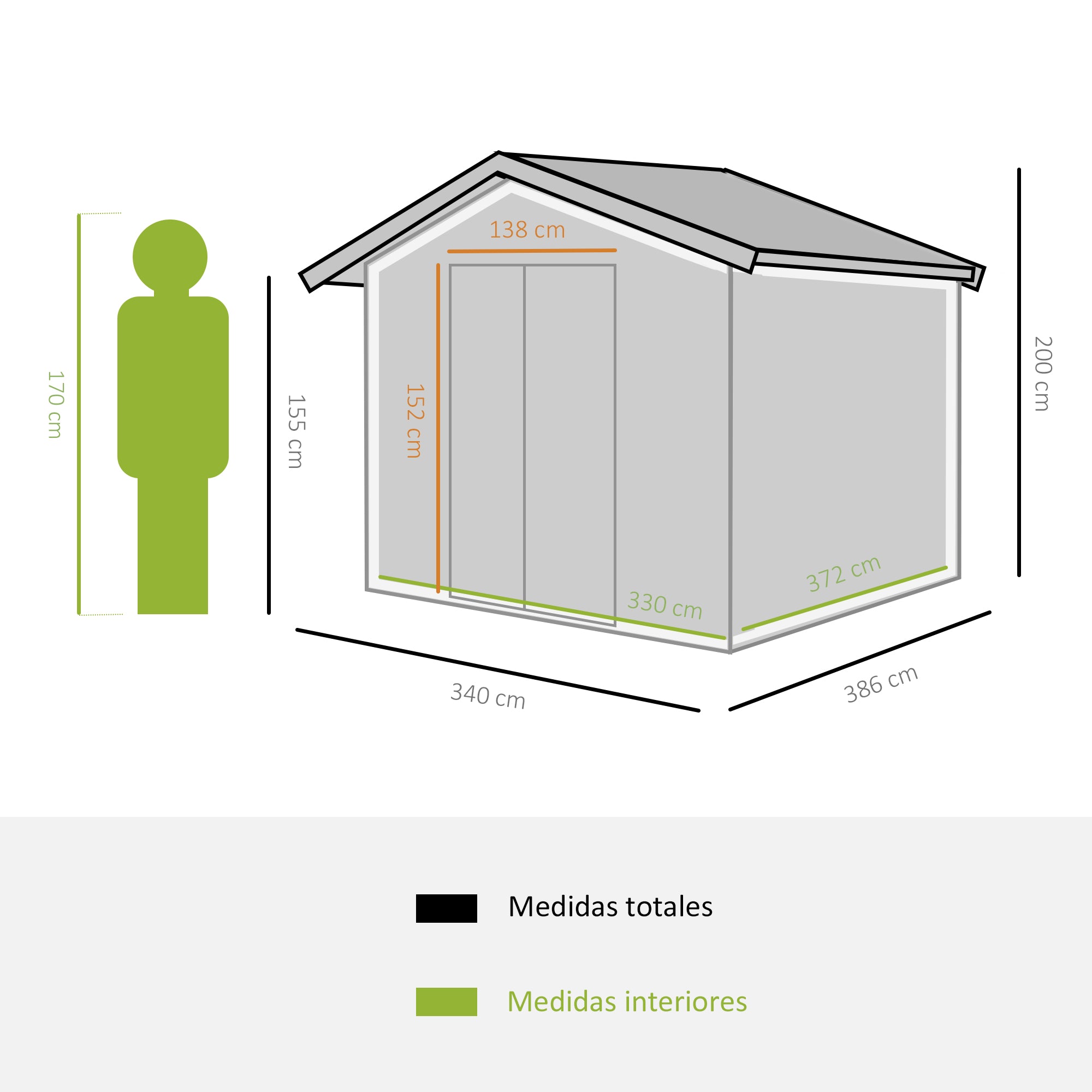 Outsunny Caseta de Jardín Exterior 12,4 m² 340x386x200 cm Cobertizo de Jardín Exterior con Puerta Corredera Techo Inclinado Base Refuerzo (Suelo NO Incluido) y 4 Ventanas Gris Oscuro