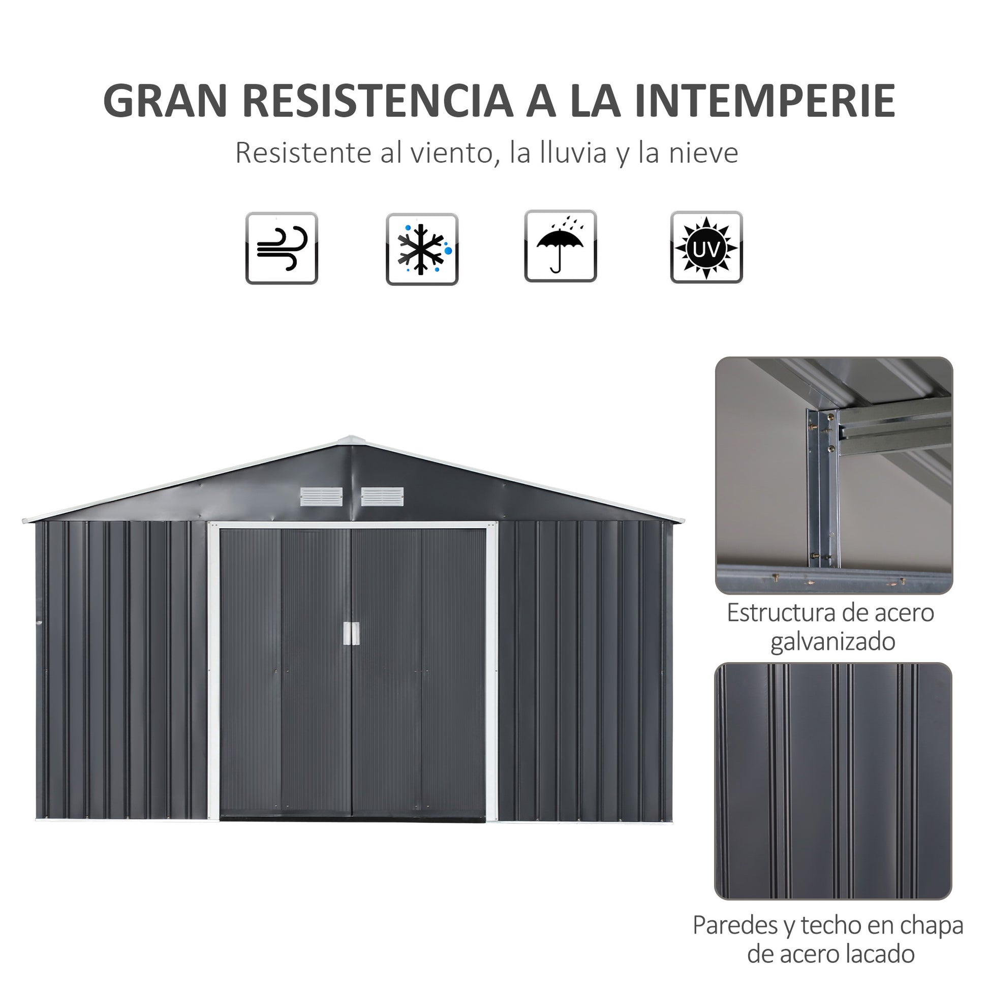 Outsunny Caseta de Jardín Exterior 12,4 m² 340x386x200 cm Cobertizo de Jardín Exterior con Puerta Corredera Techo Inclinado Base Refuerzo (Suelo NO Incluido) y 4 Ventanas Gris Oscuro
