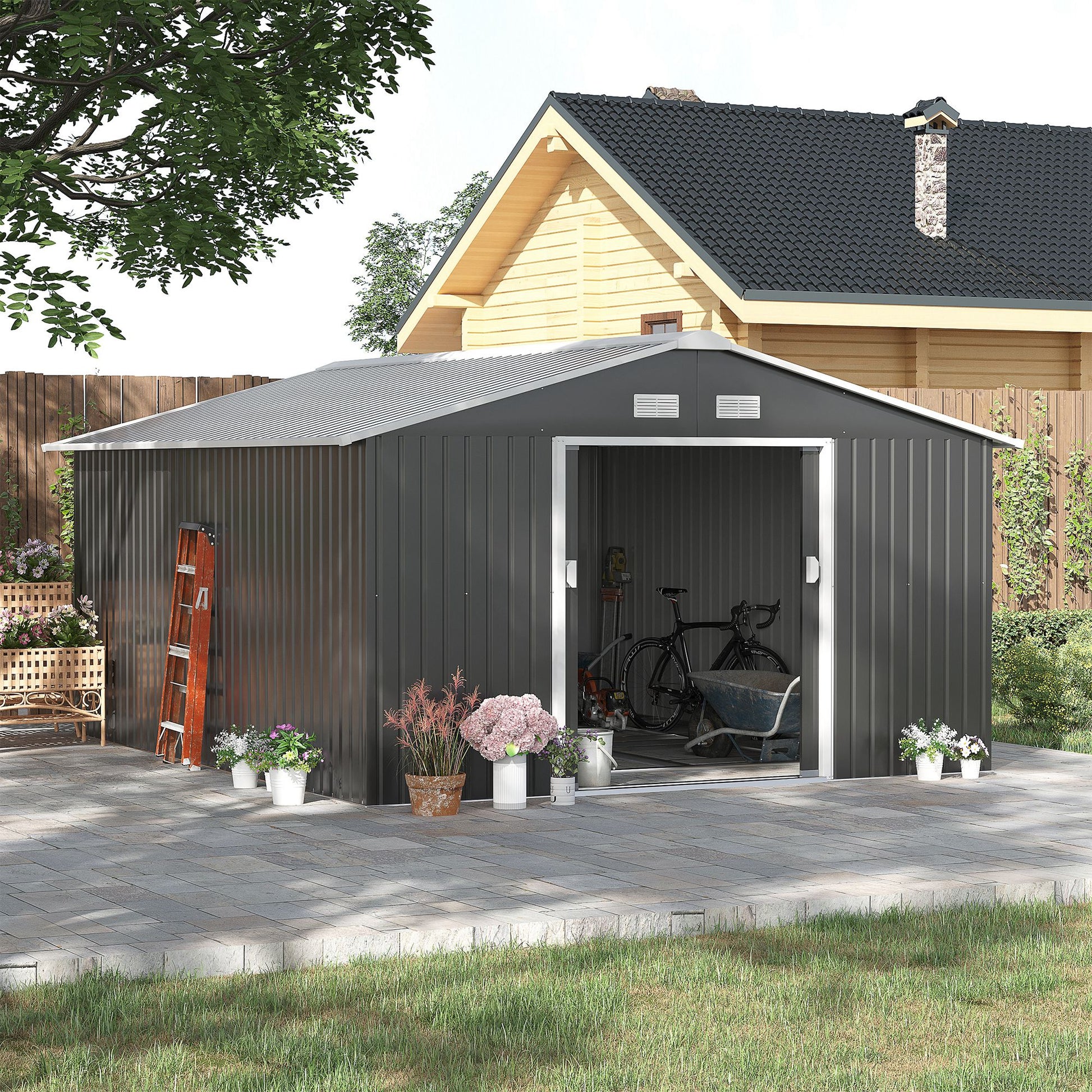 Outsunny Caseta de Jardín Exterior 12,4 m² 340x386x200 cm Cobertizo de Jardín Exterior con Puerta Corredera Techo Inclinado Base Refuerzo (Suelo NO Incluido) y 4 Ventanas Gris Oscuro