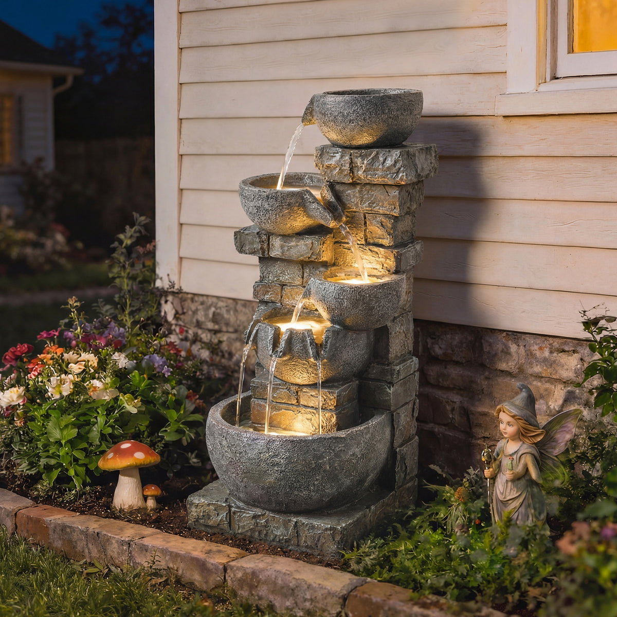 Outsunny Fuente de Agua Decorativa con Iluminación LED y Bomba, Fuente de Jardín Exteror en Cascada de 5 Niveles, Resistente a la intemperie, para Jardín, Patio, Terraza, 34x36x80 cm, Multicolor