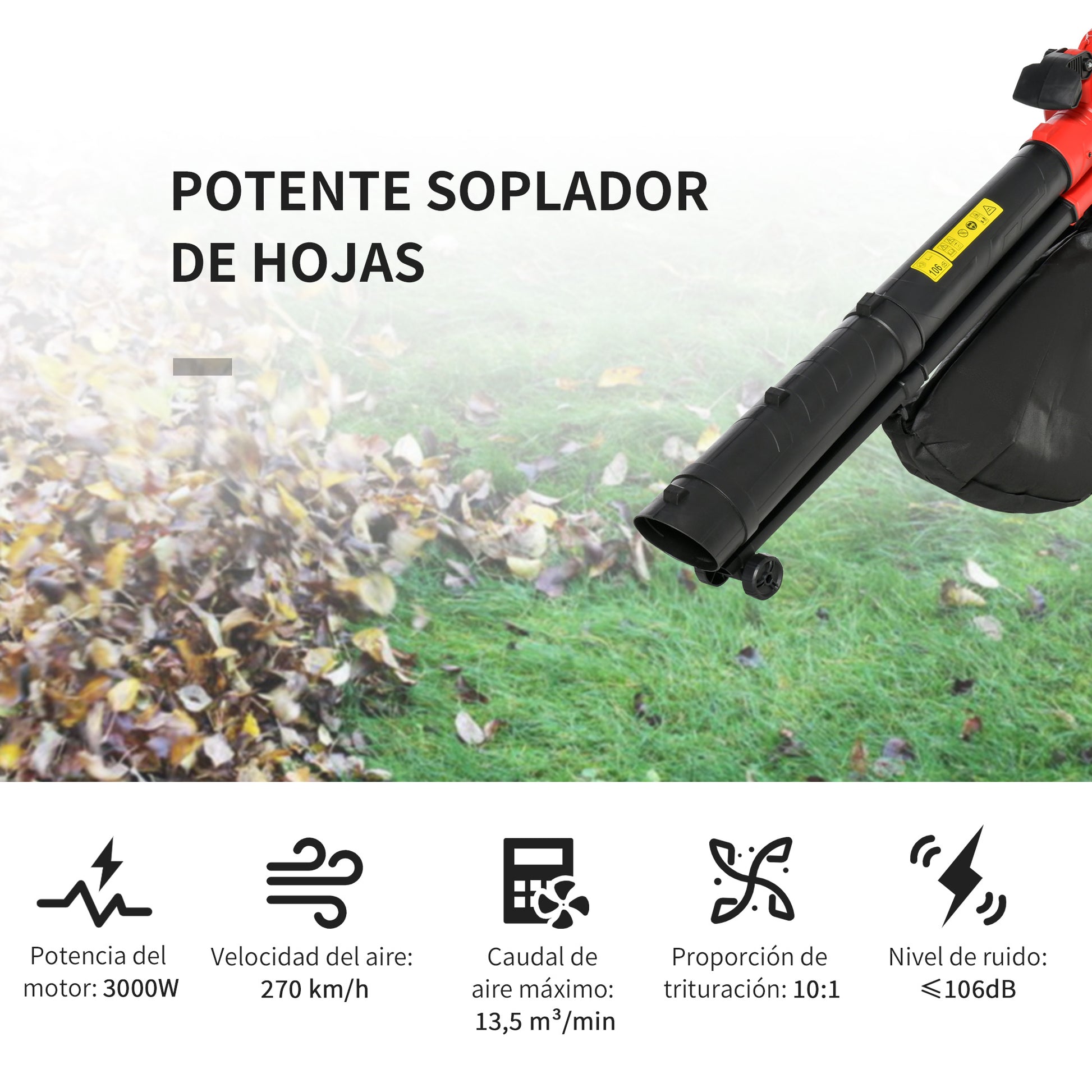 Outsunny 3 en 1 Aspirador Soplador y Triturador de Hojas Eléctrico Potencia 3000W Velocidad de 270 km/h con Bolsa Colectora 45L y 2 Ruedas 118x17x34 cm Negro