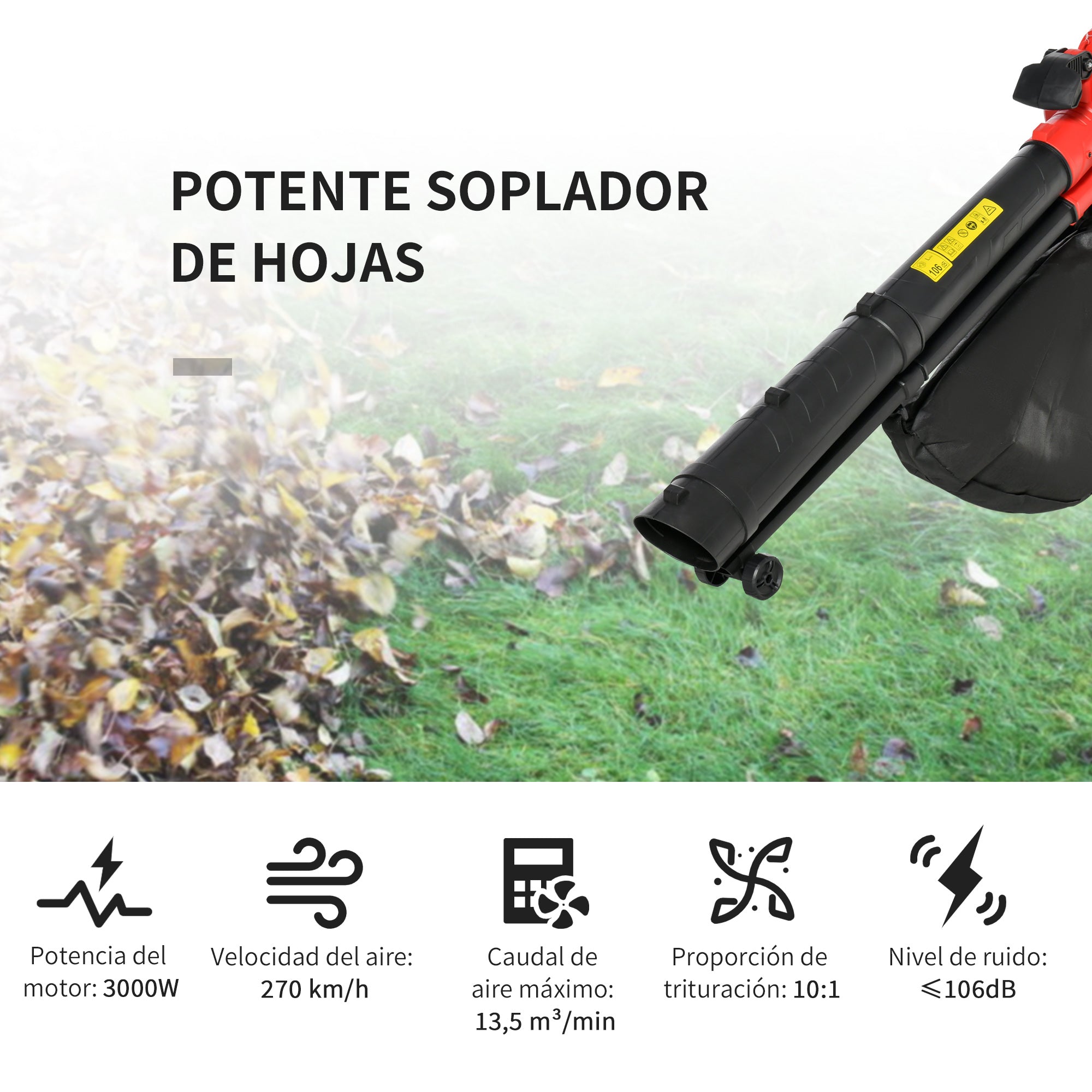Outsunny 3 en 1 Aspirador Soplador y Triturador de Hojas Eléctrico Potencia 3000W Velocidad de 270 km/h con Bolsa Colectora 45L y 2 Ruedas 118x17x34 cm Negro