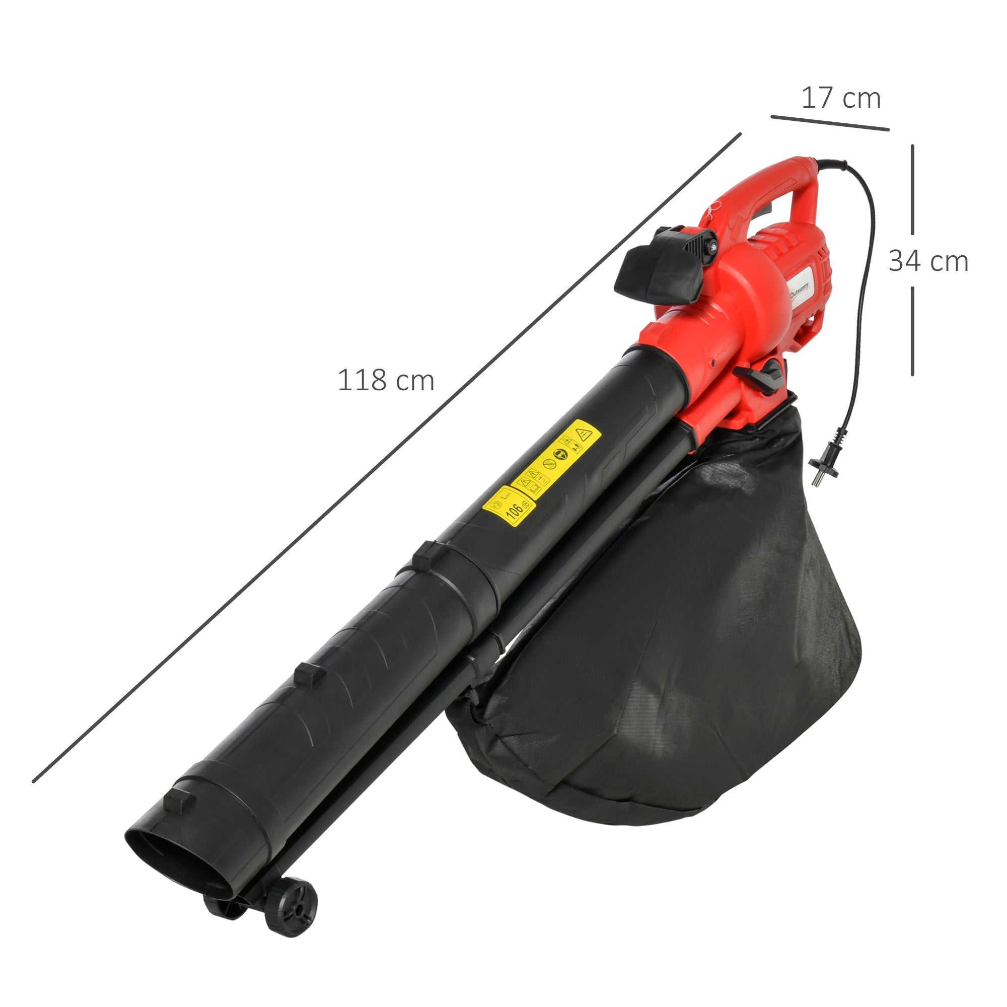 Outsunny 3 en 1 Aspirador Soplador y Triturador de Hojas Eléctrico Potencia 3000W Velocidad de 270 km/h con Bolsa Colectora 45L y 2 Ruedas 118x17x34 cm Negro