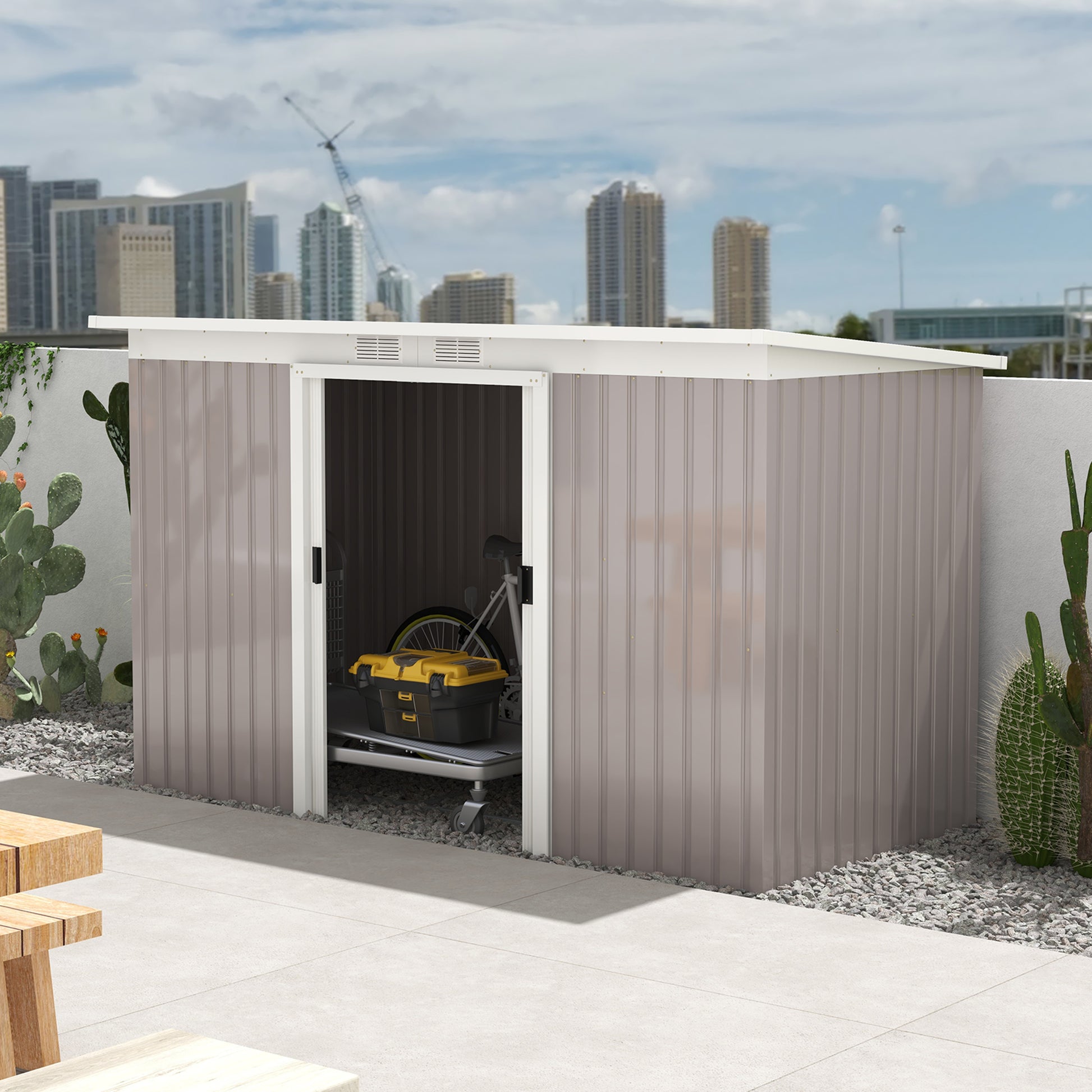 Outsunny Caseta de Jardín Exterior 3,2 m² 280x130x172 cm Cobertizo de Jardín Exterior con Puerta Corredera Techo Inclinado Base Refuerzo (Suelo NO Incluido) y 2 Ventanas Gris Claro