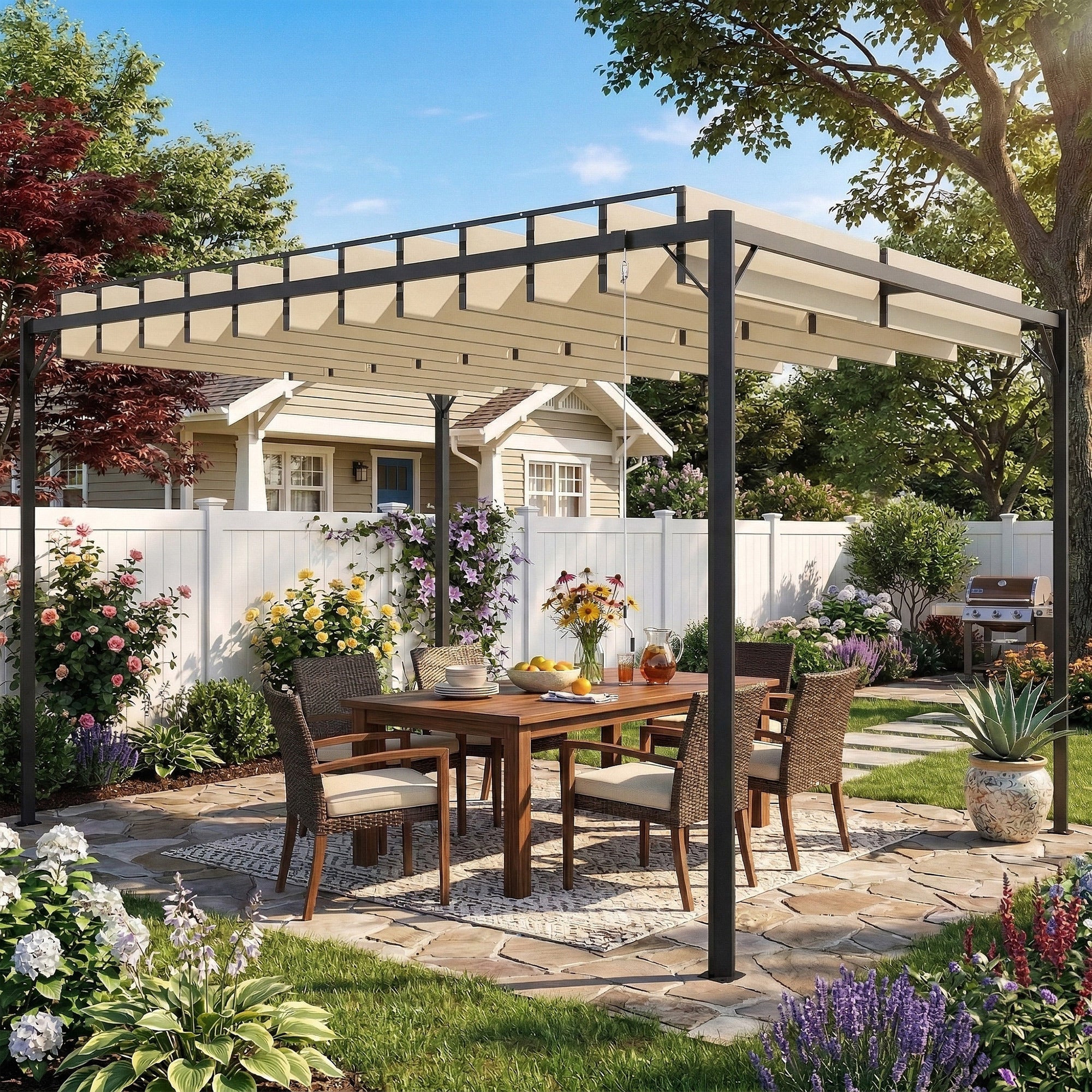 Outsunny Pérgola de Jardín 3x4 m, Cenador de Jardín con Techo de Lamas Orientables, Estructura de Metal, Protección UPF50+, Pabellón para Exterior, Patio, Terraza, Blanco Crema