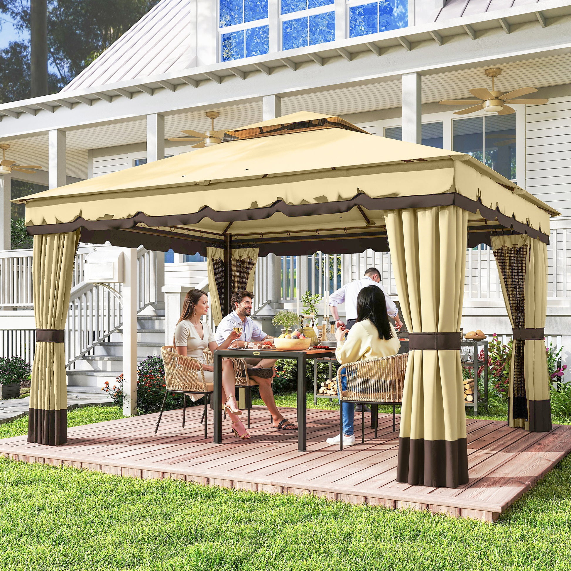 Outsunny Cenador de Jardín 3,7x3 m, Pabellón de Jardín Gazebo con Doble Techo, 4 Cortinas y Mosquitera, Marco de Acero, Orificios de Drenaje, UV30+, para Exterior, Terraza, Patio, Beige