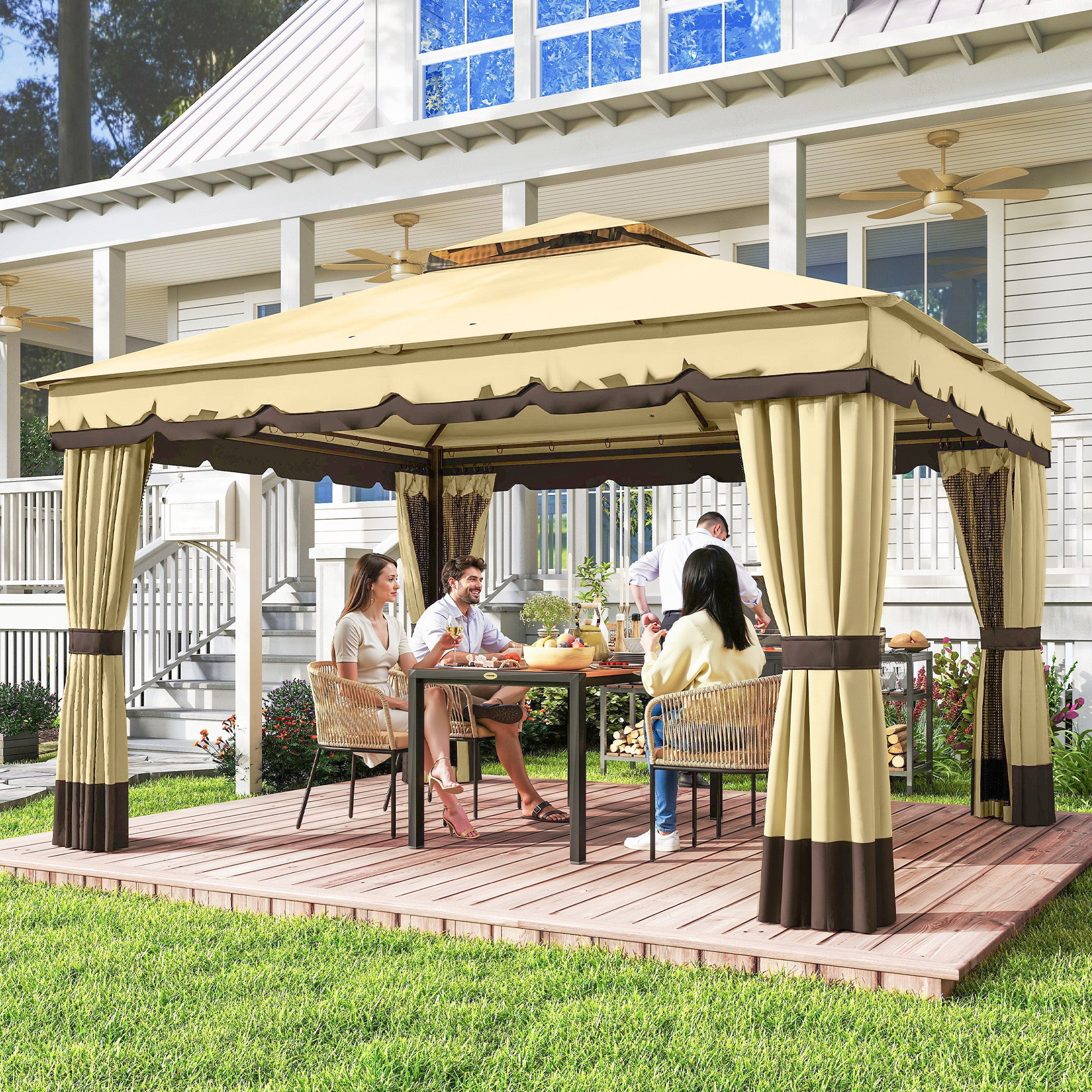 Outsunny Cenador de Jardín 3,7x3 m, Pabellón de Jardín Gazebo con Doble Techo, 4 Cortinas y Mosquitera, Marco de Acero, Orificios de Drenaje, UV30+, para Exterior, Terraza, Patio, Beige