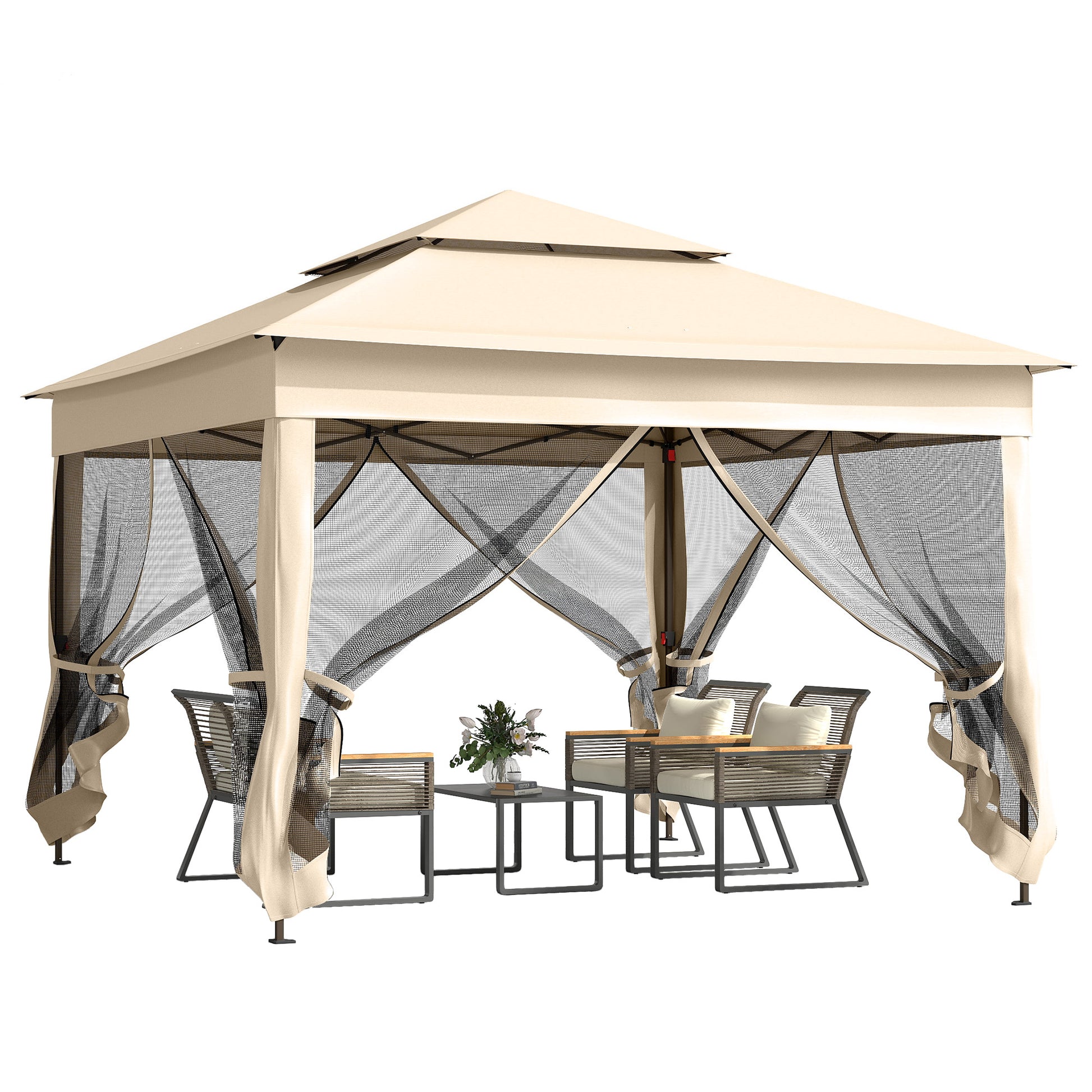 Outsunny Carpa Plegable Gazebo 3,3x3,3 m Cenador Plegable con 4 Paredes Laterales de Malla Anti-UV y Bolsa de Transporte para Camping Fiestas Crema