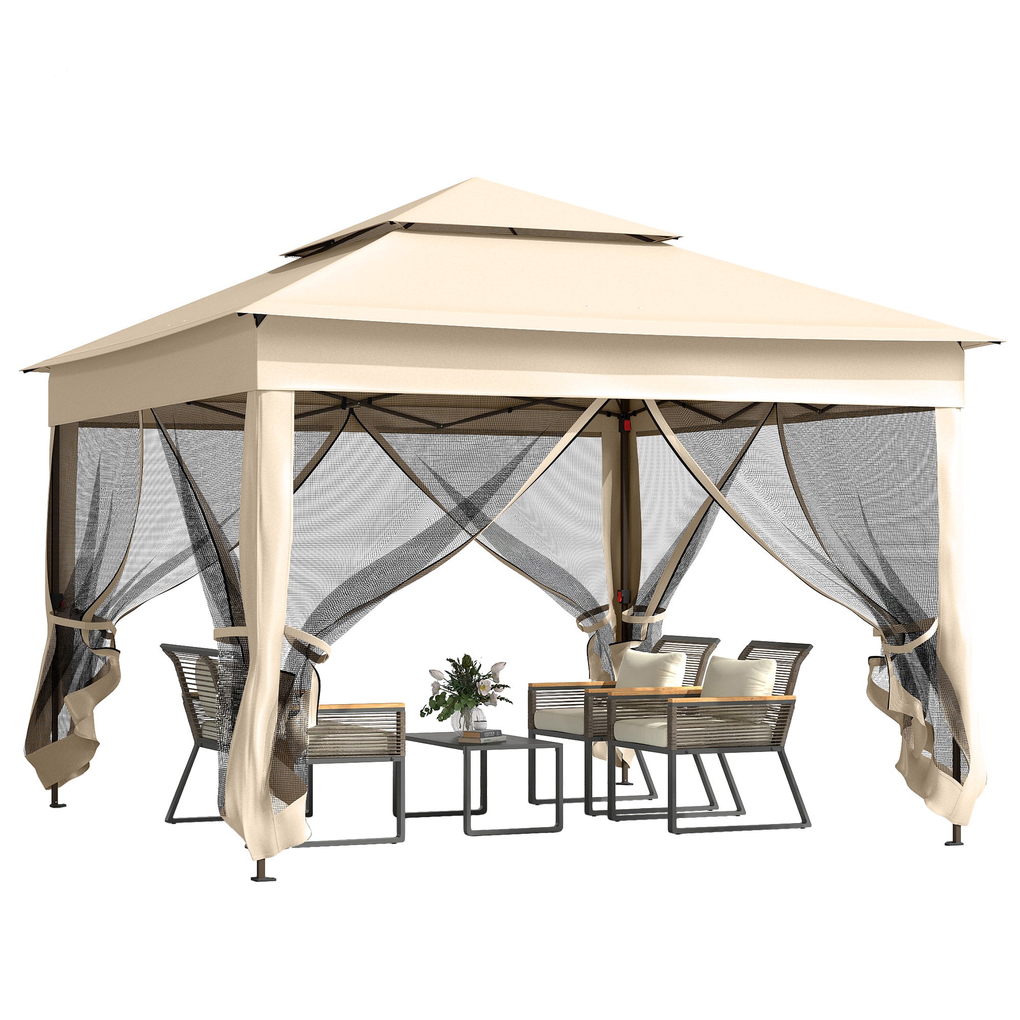 Outsunny Carpa Plegable Gazebo 3,3x3,3 m Cenador Plegable con 4 Paredes Laterales de Malla Anti-UV y Bolsa de Transporte para Camping Fiestas Crema