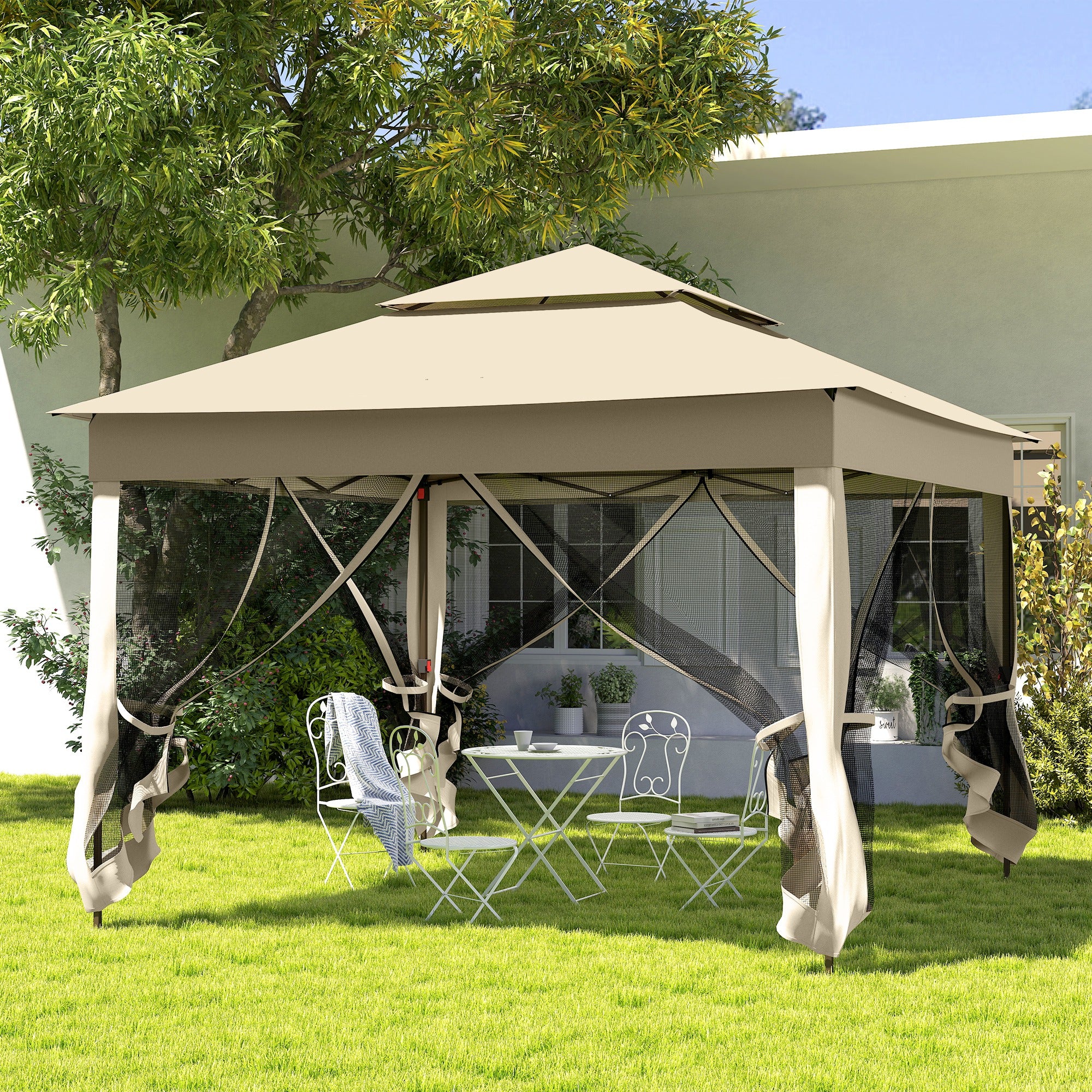 Outsunny Carpa Plegable Gazebo 3,3x3,3 m Cenador Plegable con 4 Paredes Laterales de Malla Anti-UV y Bolsa de Transporte para Camping Fiestas Crema