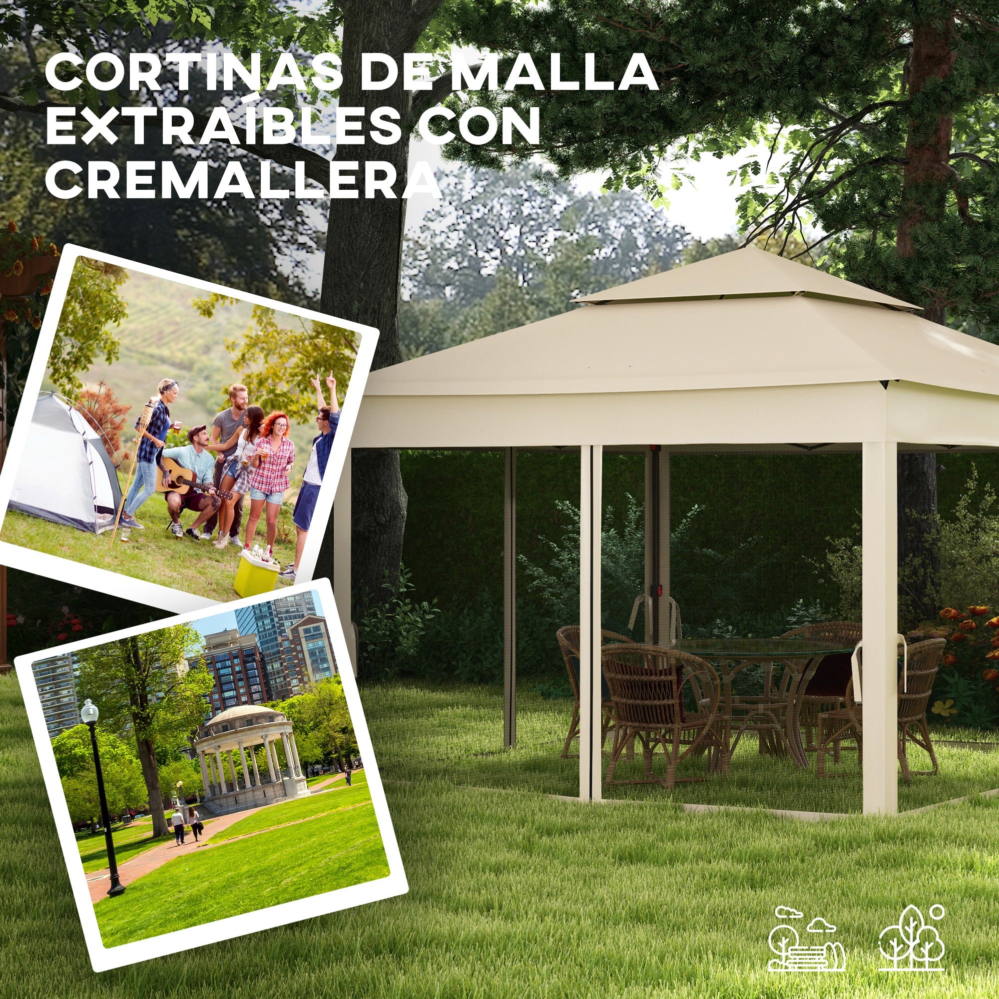 Outsunny Carpa Plegable Gazebo 3,3x3,3 m Cenador Plegable con 4 Paredes Laterales de Malla Anti-UV y Bolsa de Transporte para Camping Fiestas Crema