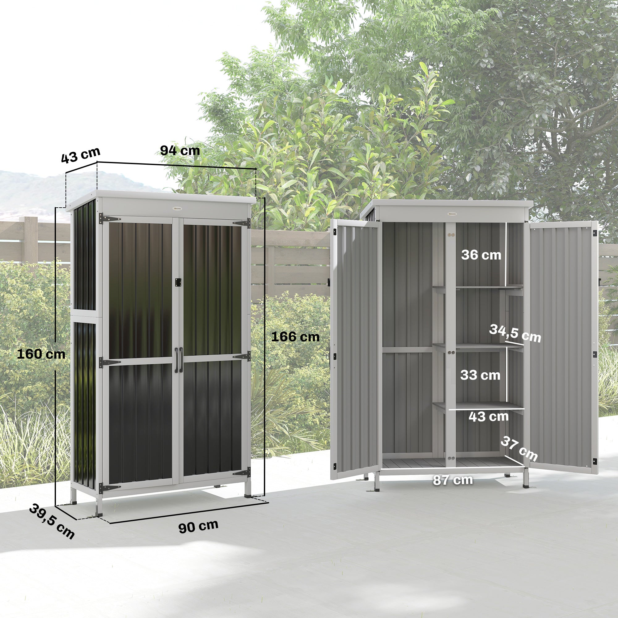 Outsunny Caseta de Jardín de Madera y Acero 94x43x166 cm Cobertizo Jardín Exterior Armario para Herramientas con 2 Puertas Estantes Ajustables Techo Impermeable para Terraza Fijación con Estacas Negro