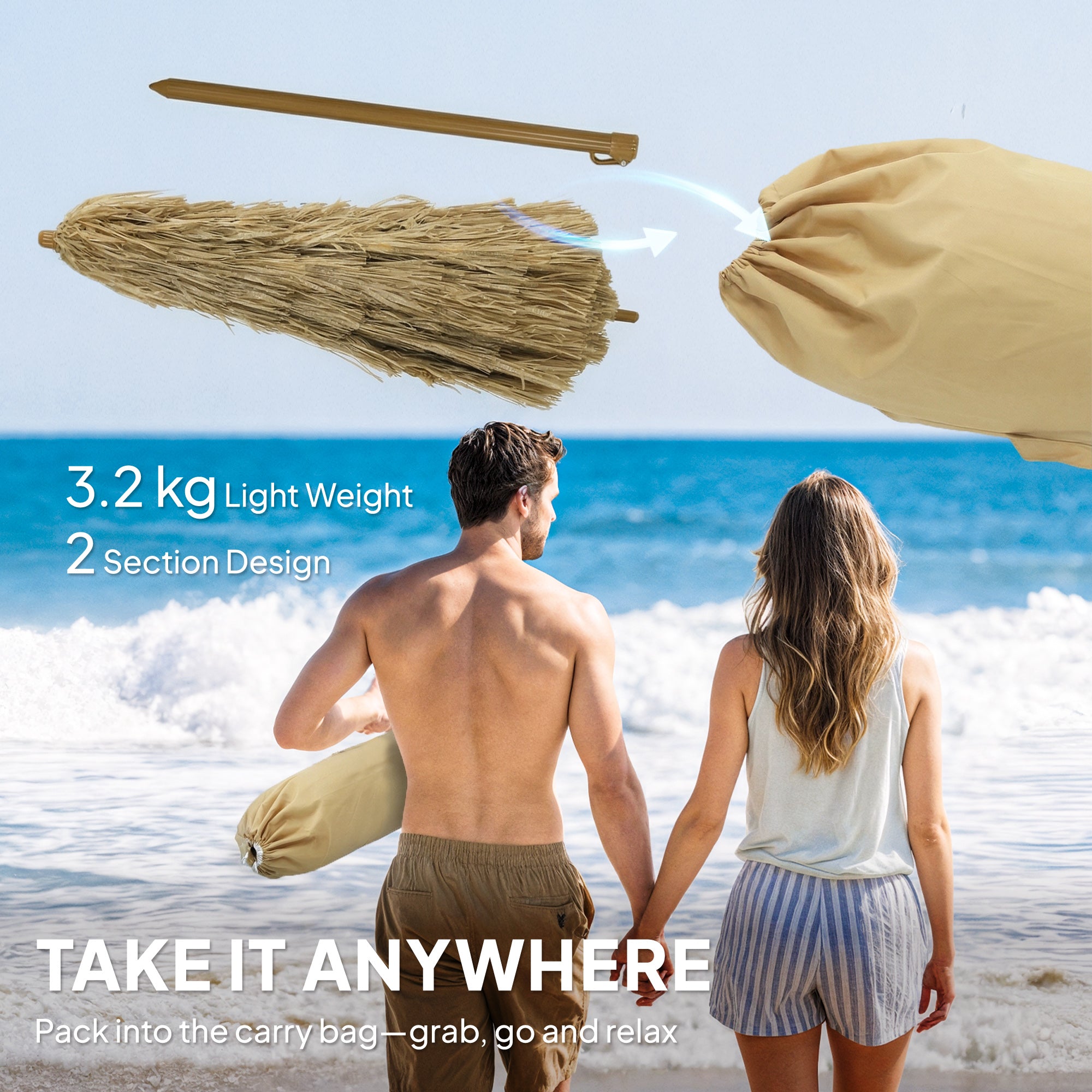 Outsunny Sombrilla de Playa con Flecos de Paja Ø178 cm, Sombrilla de Terraza Exterior con Inclinación, Altura Ajustable, UV50+, Bolsa de Transporte, Anclaje de Arena, Marrón Claro