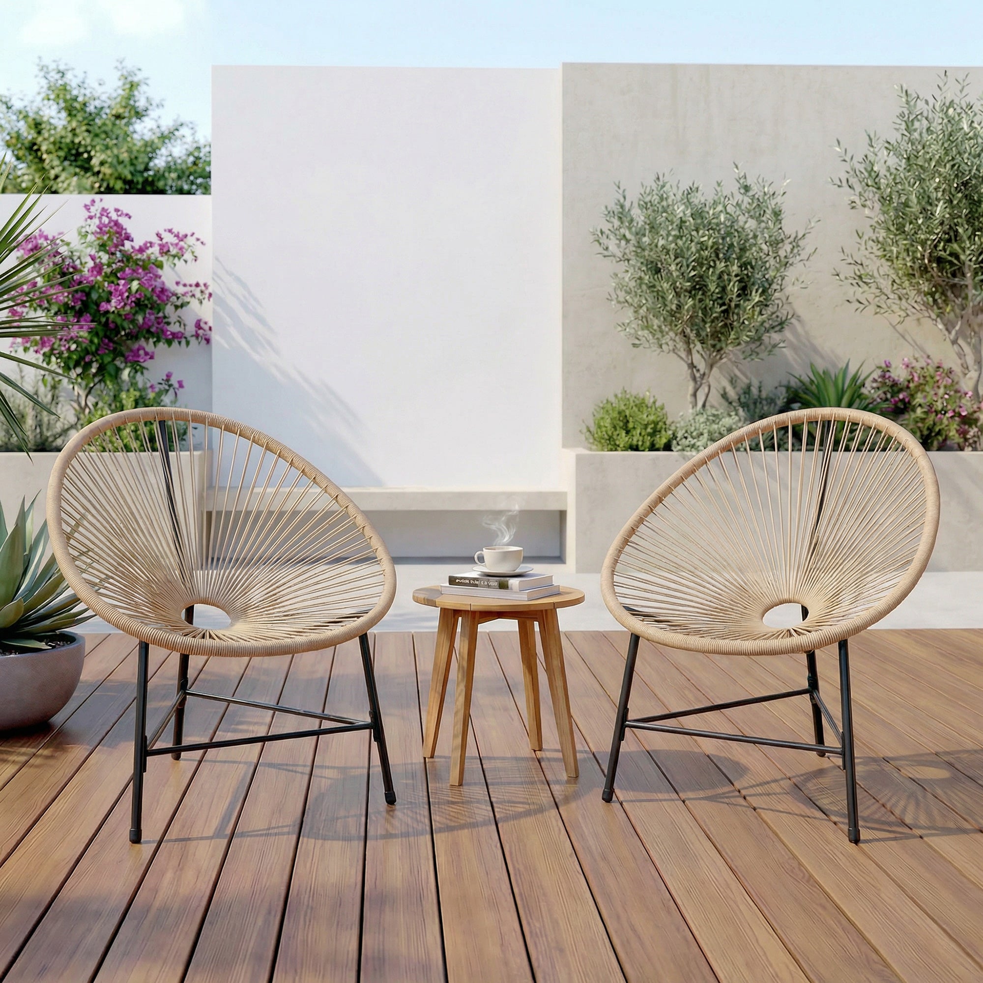 Outsunny Conjunto de 2 Sillas Acapulco de Jardín de Ratán Sintético, Sillas de Jardín Exterior con Estructura de Acero Triangular, para Balcón, Terraza, Carga 120 kg, Natural
