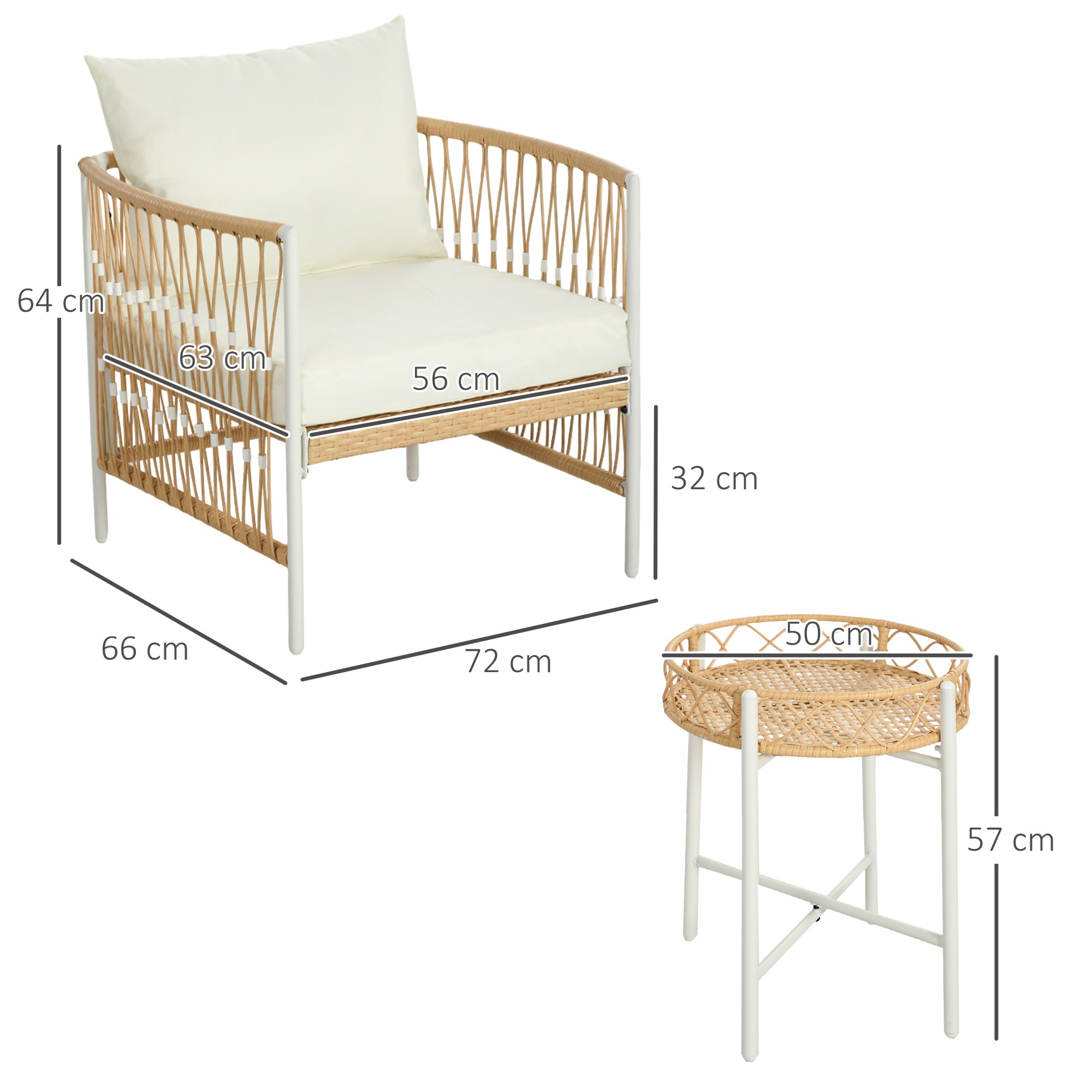 Outsunny Conjunto Jardín Exterior de 3 Piezas, Muebles de Jardín con 2 Sillas, Mesa de Ratán, Cojines Acolchados, Fundas Extraíbles y Marco de Acero, Resistente a la Intemperie, para Balcón, Crema