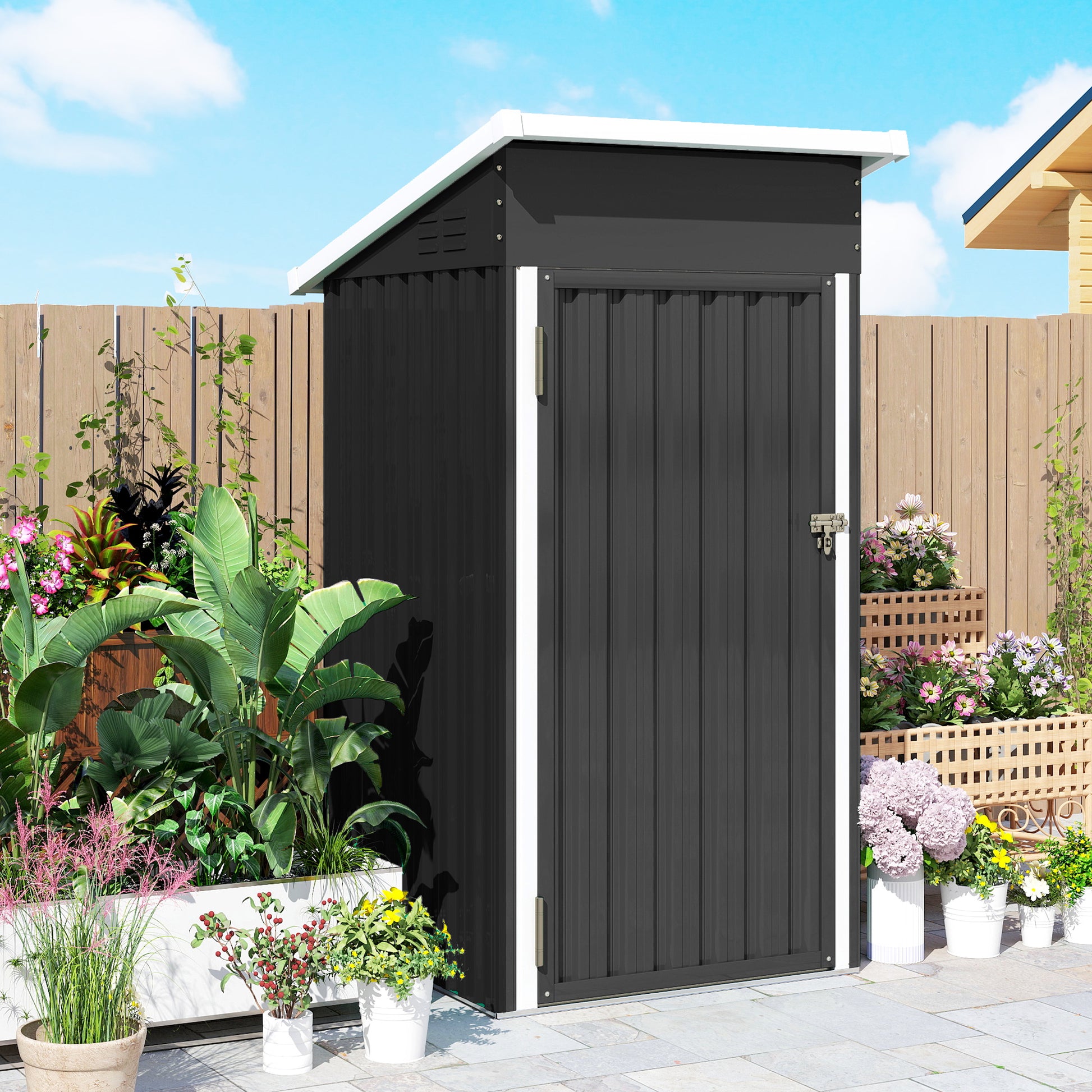 Outsunny Caseta de Jardín Exterior 0,74 m², 107,5x91x185 cm, Cobertizo de Jardín Exterior Metálico con Techo Inclinado, Puerta con Cerradura y Ventilaciones para Almacenamiento de Herramientas, Gris