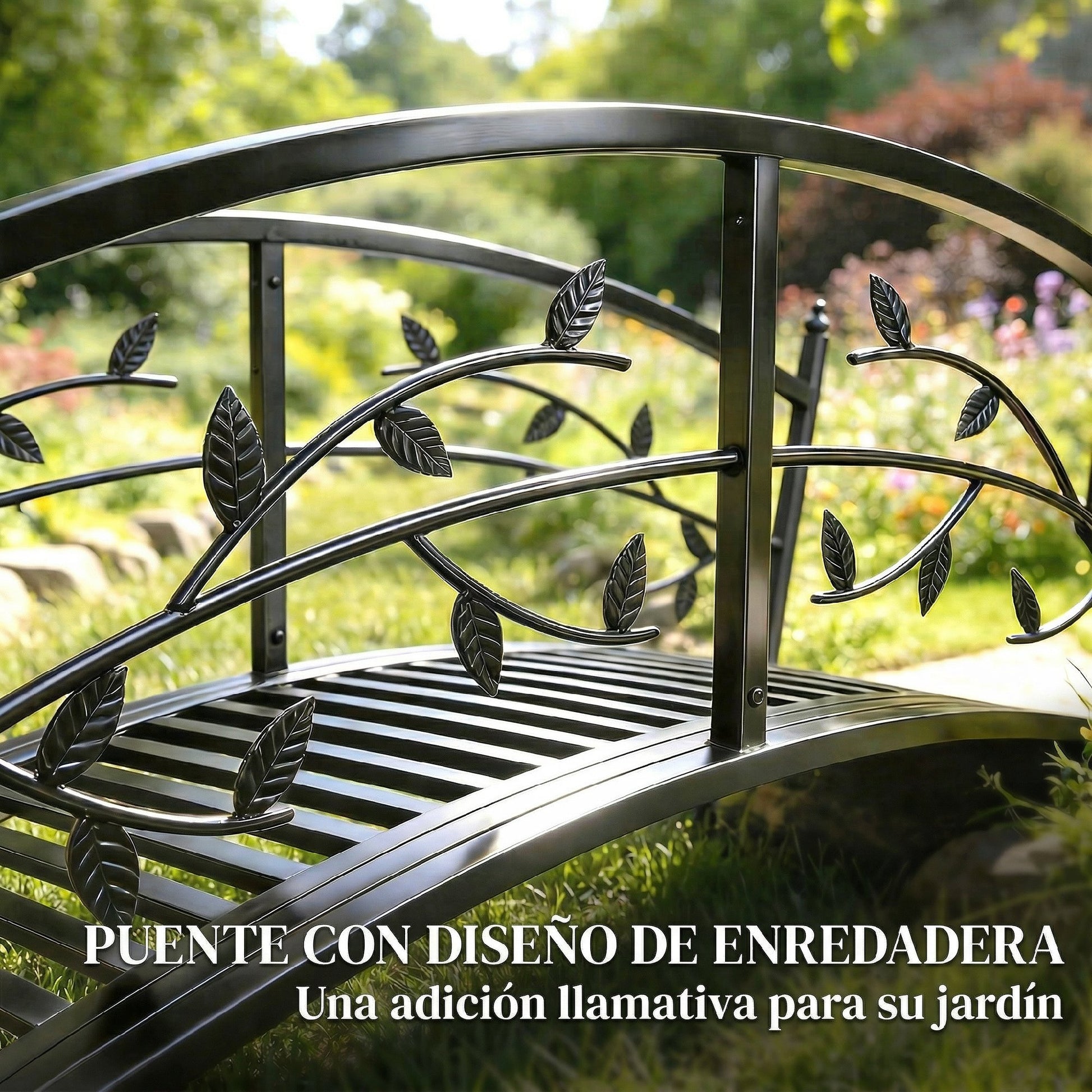 Outsunny Puente de Jardín Metálico, 1,2 m, Puente Decorativo para Estanques con Barandillas de Seguridad y Diseño de Hojas, Carga 100 kg, Construcción Resistente, Fácil Montaje, Negro