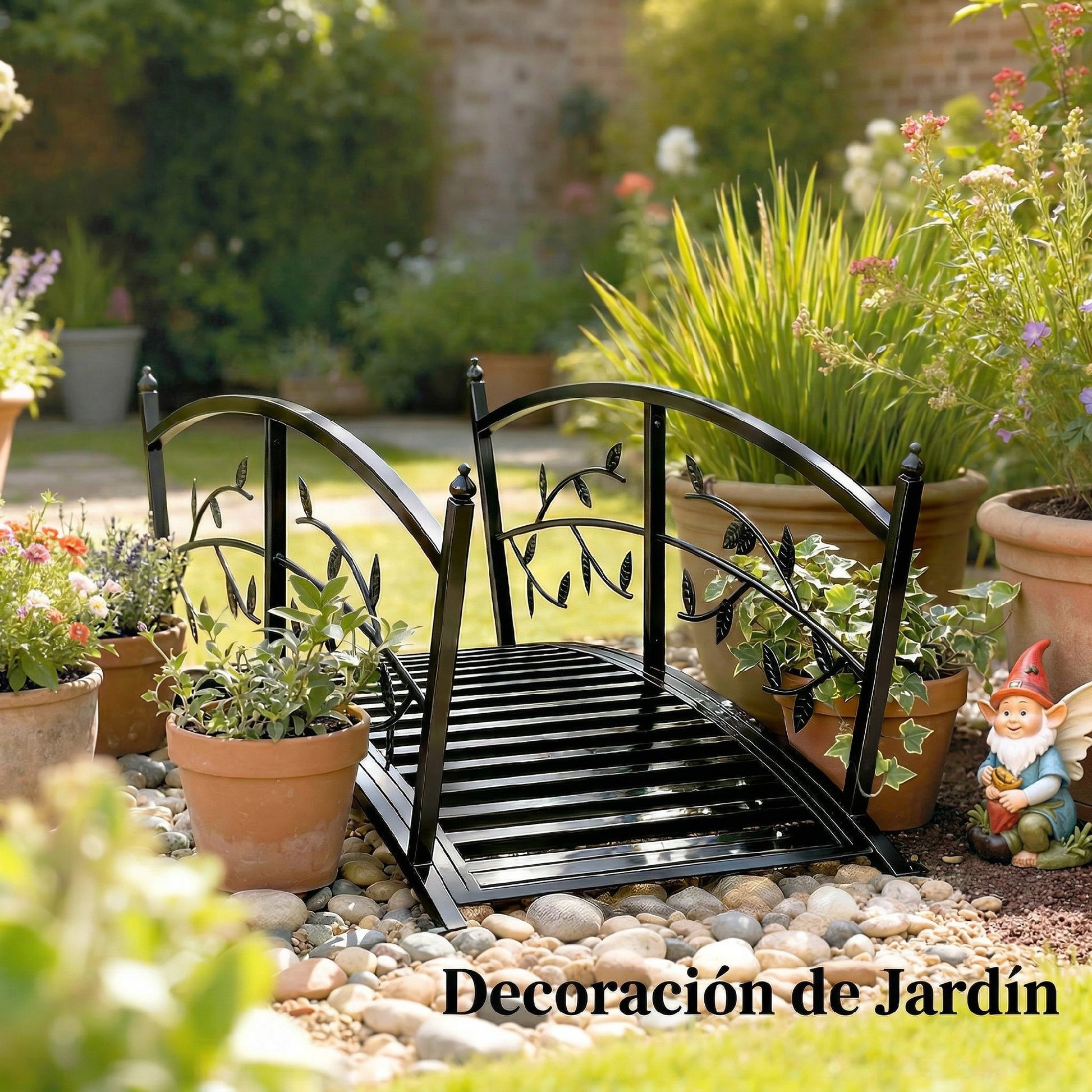 Outsunny Puente de Jardín Metálico, 1,2 m, Puente Decorativo para Estanques con Barandillas de Seguridad y Diseño de Hojas, Carga 100 kg, Construcción Resistente, Fácil Montaje, Negro