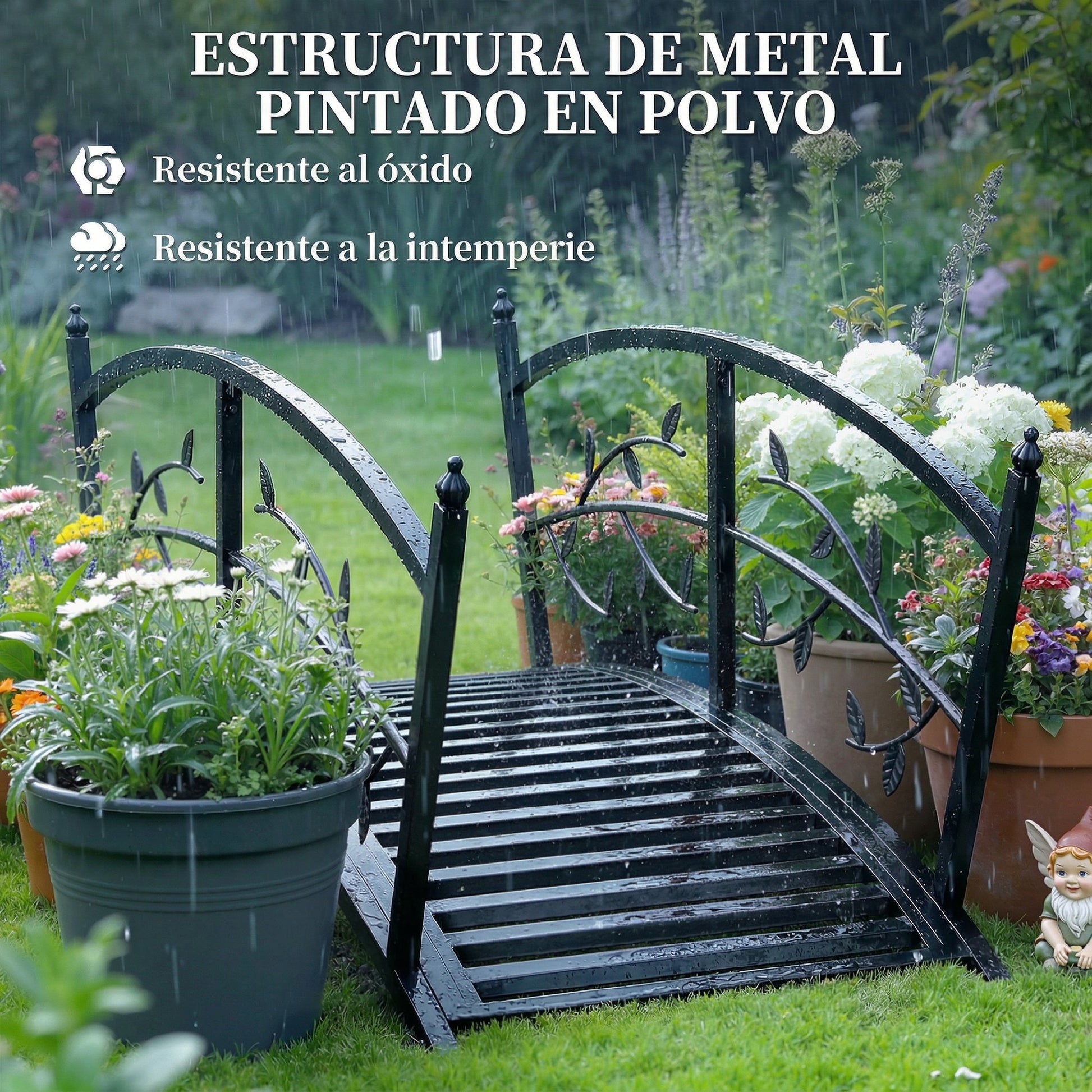 Outsunny Puente de Jardín Metálico, 1,2 m, Puente Decorativo para Estanques con Barandillas de Seguridad y Diseño de Hojas, Carga 100 kg, Construcción Resistente, Fácil Montaje, Negro