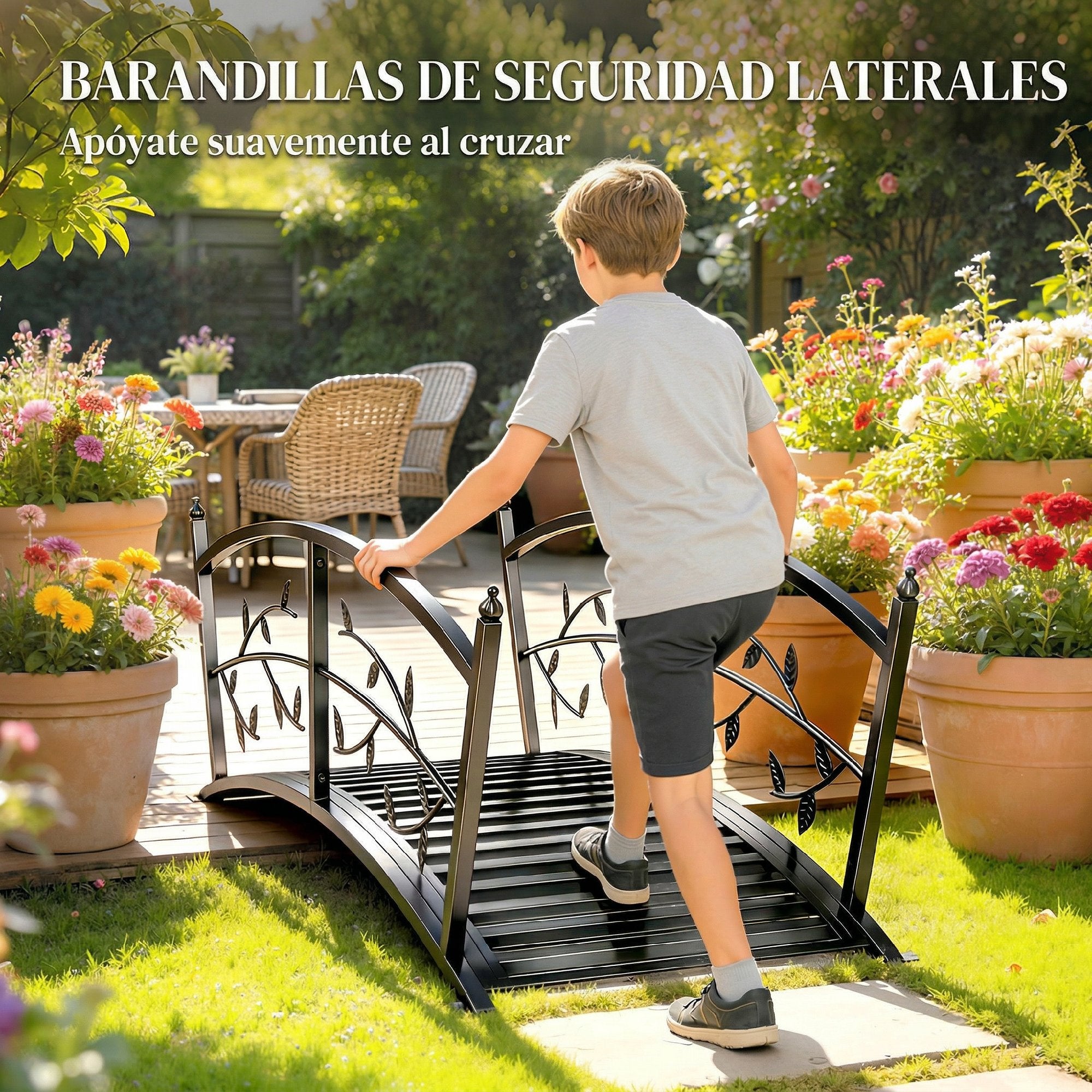 Outsunny Puente de Jardín Metálico, 1,2 m, Puente Decorativo para Estanques con Barandillas de Seguridad y Diseño de Hojas, Carga 100 kg, Construcción Resistente, Fácil Montaje, Negro
