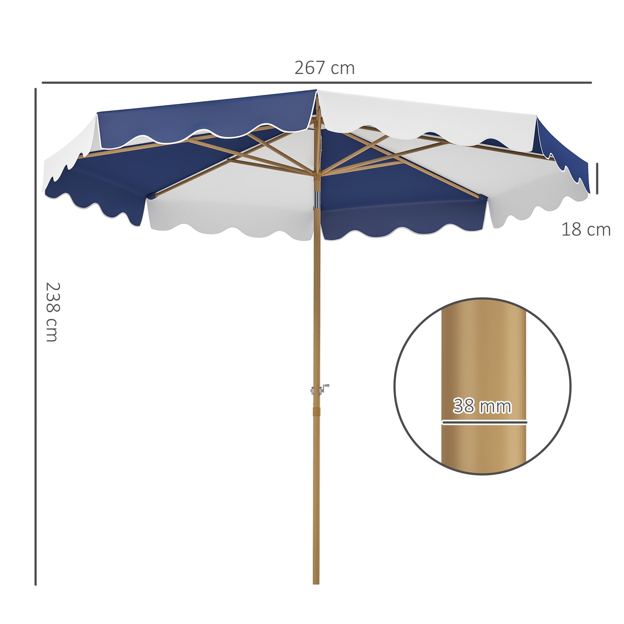 Outsunny Sombrilla Terraza Exterior Ø267 cm Sombrilla de Jardín con Ángulo Inclinable y Manivela Protección UV 50+ Parasol para Patio Terraza Azul y Blanco