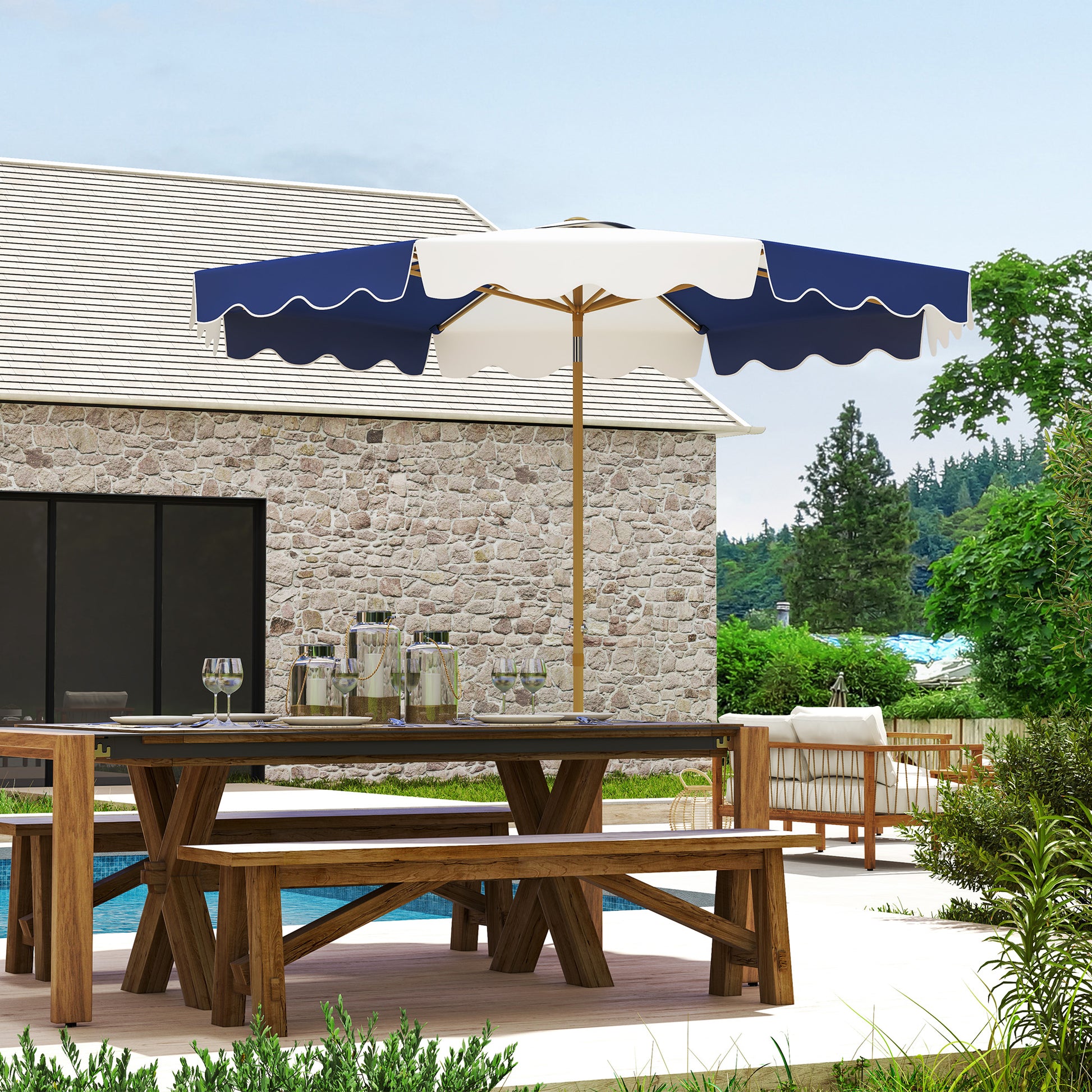 Outsunny Sombrilla Terraza Exterior Ø267 cm Sombrilla de Jardín con Ángulo Inclinable y Manivela Protección UV 50+ Parasol para Patio Terraza Azul y Blanco