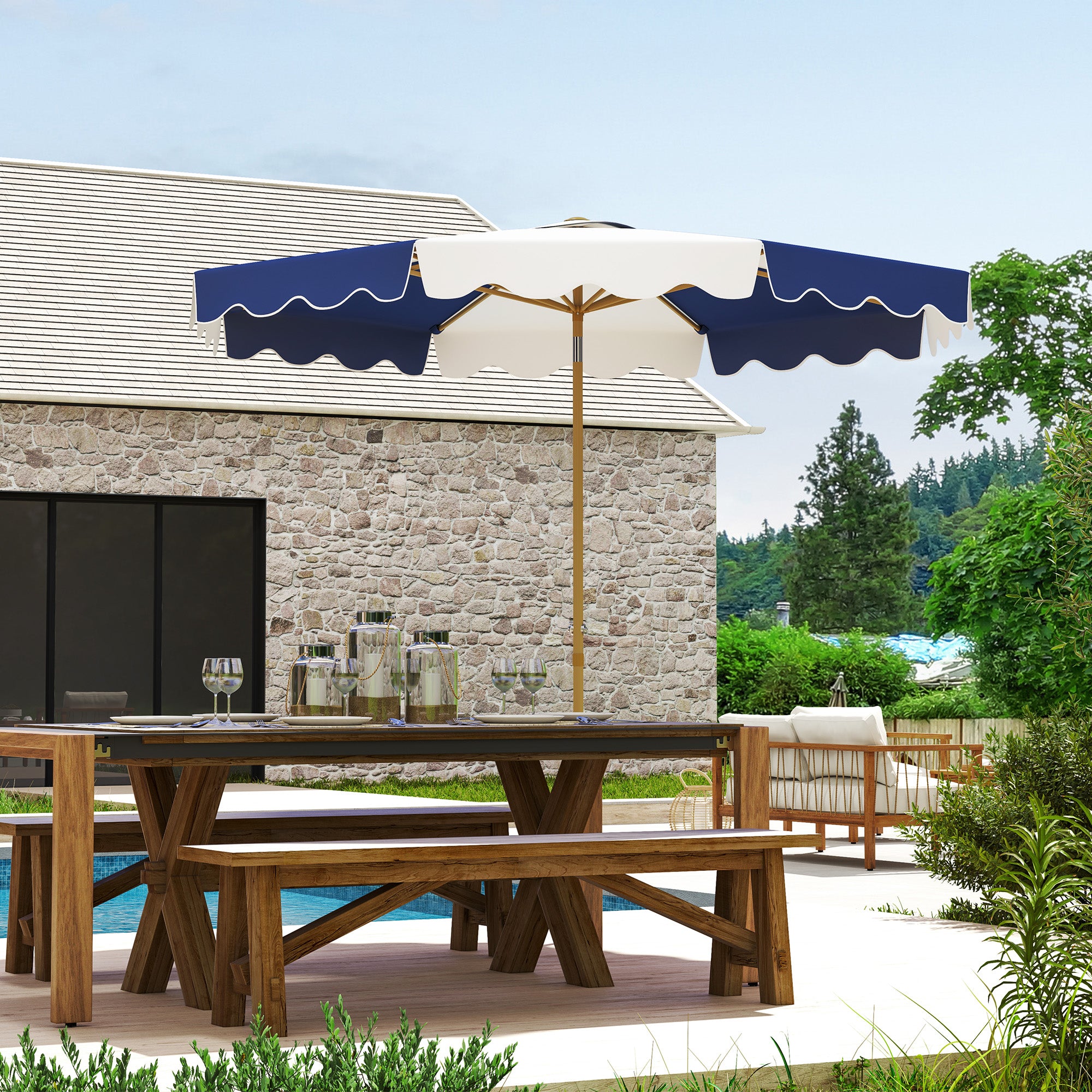 Outsunny Sombrilla Terraza Exterior Ø267 cm Sombrilla de Jardín con Ángulo Inclinable y Manivela Protección UV 50+ Parasol para Patio Terraza Azul y Blanco