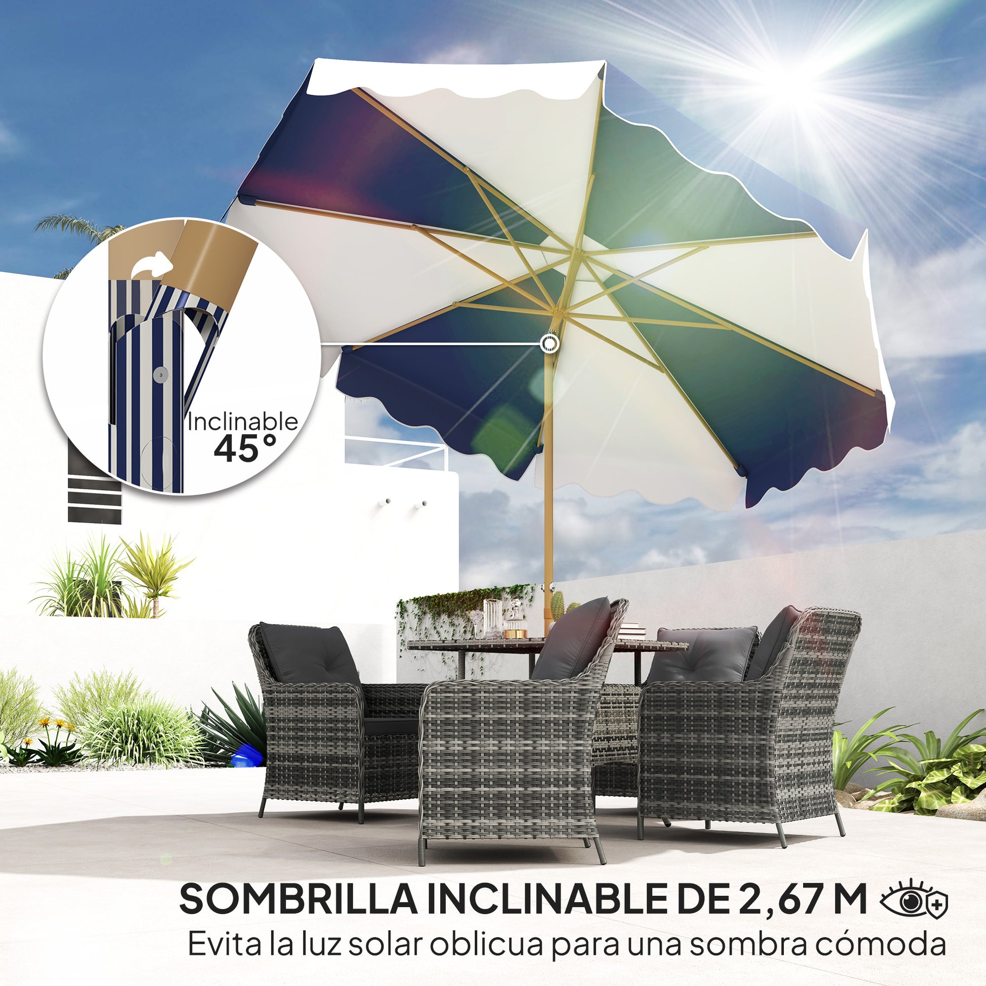 Outsunny Sombrilla Terraza Exterior Ø267 cm Sombrilla de Jardín con Ángulo Inclinable y Manivela Protección UV 50+ Parasol para Patio Terraza Azul y Blanco