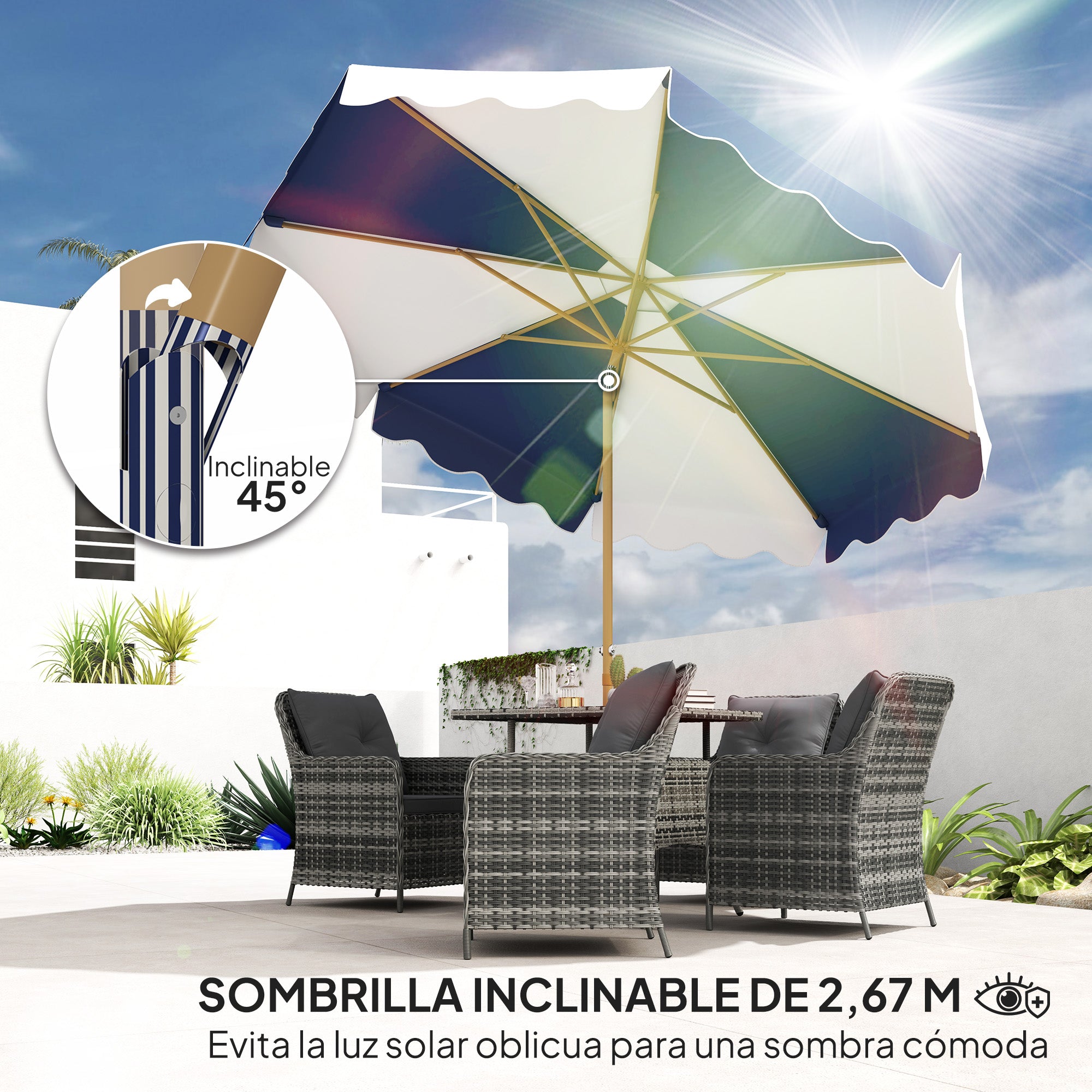 Outsunny Sombrilla Terraza Exterior Ø267 cm Sombrilla de Jardín con Ángulo Inclinable y Manivela Protección UV 50+ Parasol para Patio Terraza Azul y Blanco