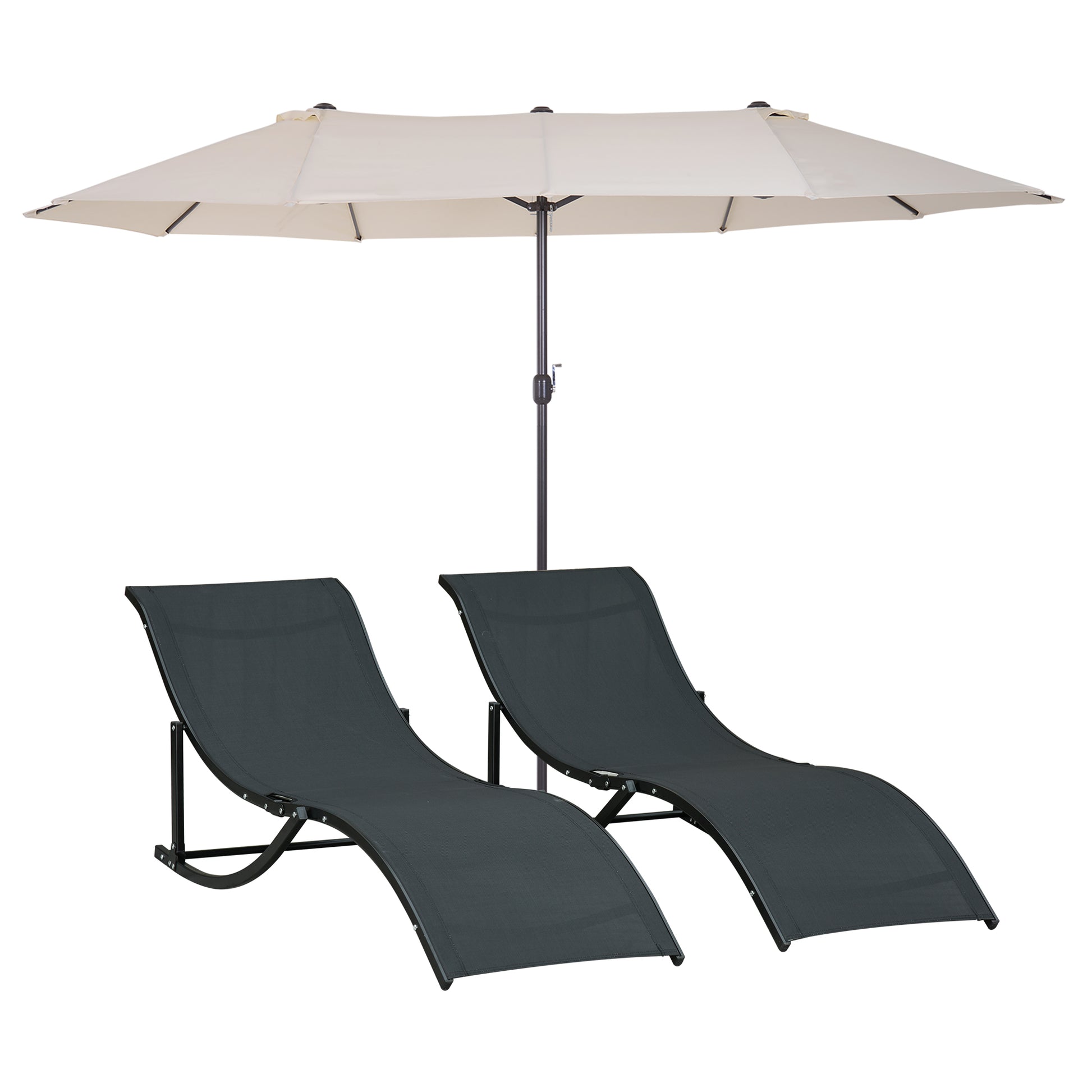 Outsunny Conjunto de Sombrilla Doble y 2 Tumbonas Plegables en Forma de S para Piscina Patio Jardín Terraza 4,55x2,65x2,38 m 165x61x63 cm Beige y Negro