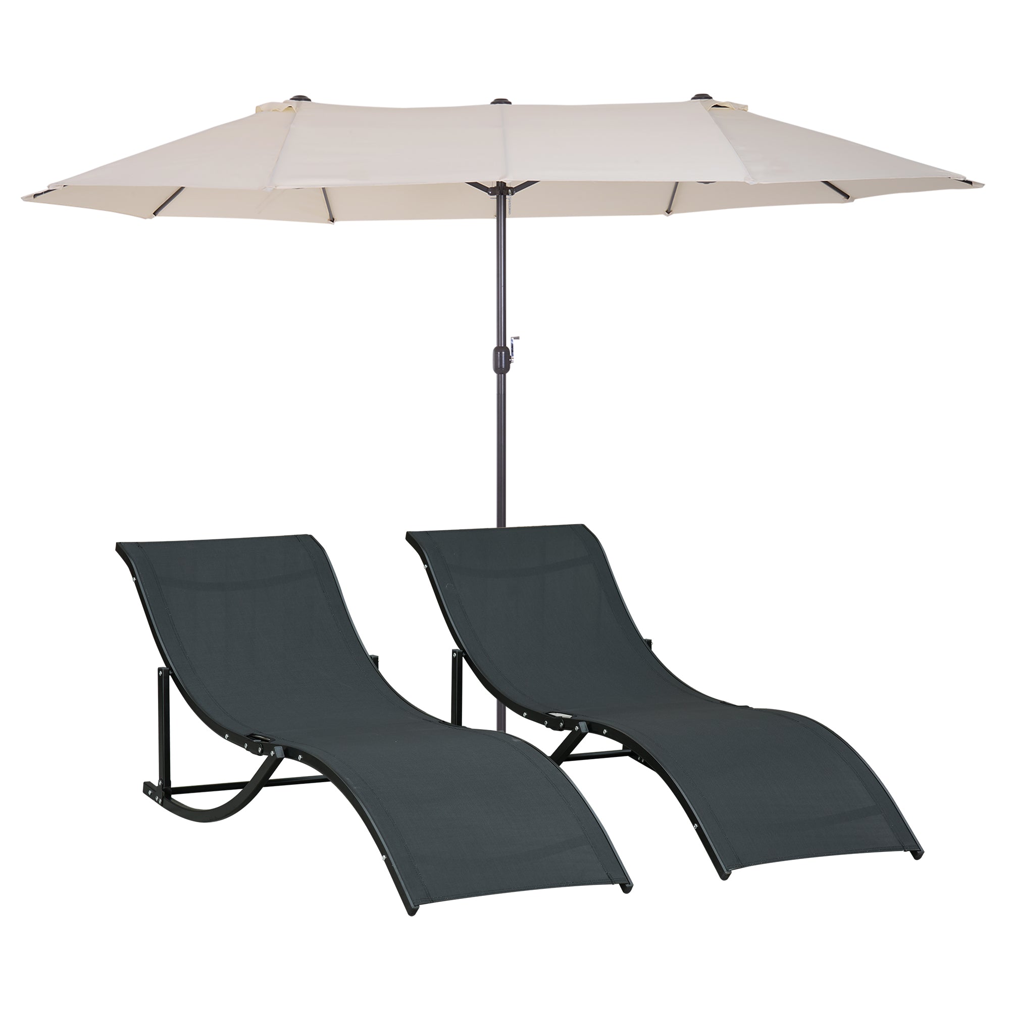 Outsunny Conjunto de Sombrilla Doble y 2 Tumbonas Plegables en Forma de S para Piscina Patio Jardín Terraza 4,55x2,65x2,38 m 165x61x63 cm Beige y Negro