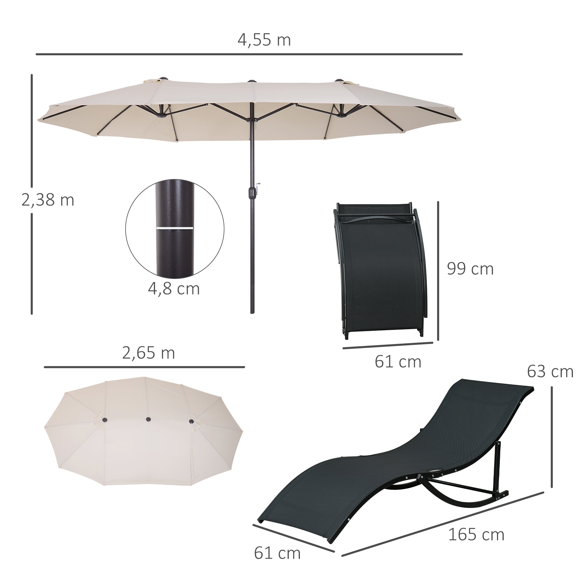 Outsunny Conjunto de Sombrilla Doble y 2 Tumbonas Plegables en Forma de S para Piscina Patio Jardín Terraza 4,55x2,65x2,38 m 165x61x63 cm Beige y Negro