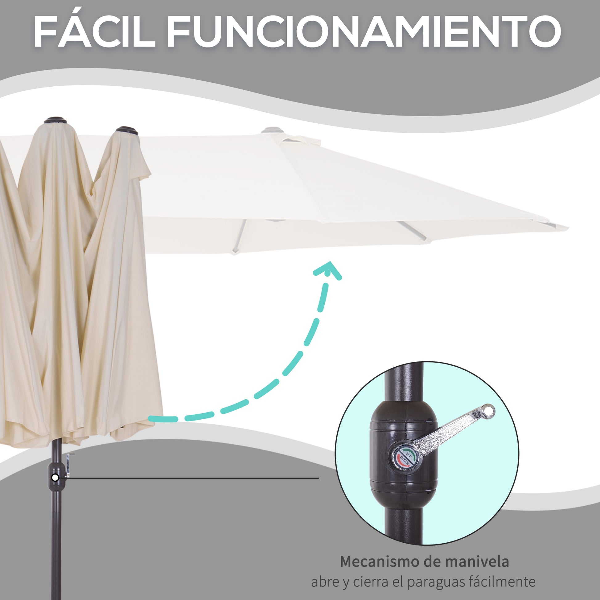 Outsunny Conjunto de Sombrilla Doble y 2 Tumbonas Plegables en Forma de S para Piscina Patio Jardín Terraza 4,55x2,65x2,38 m 165x61x63 cm Beige y Negro