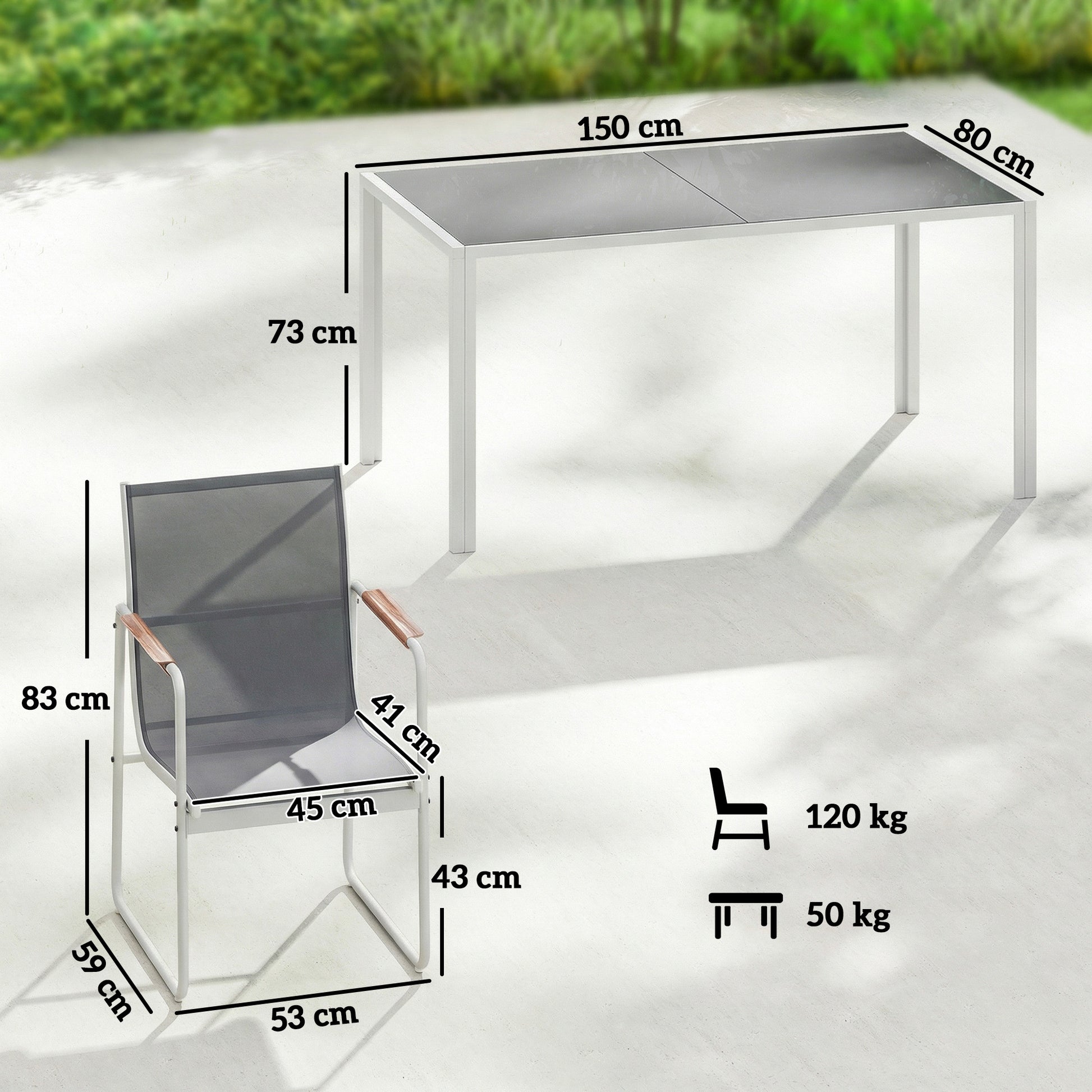 Outsunny Conjunto de Mesa y Sillas Jardín de 7 Piezas, Muebles Jardín Exterior con Mesa de Vidrio Templado, 6 Sillas Transpirables Decorativas, Marco de Acero Resistente a la Intemperie, Blanco y Gris