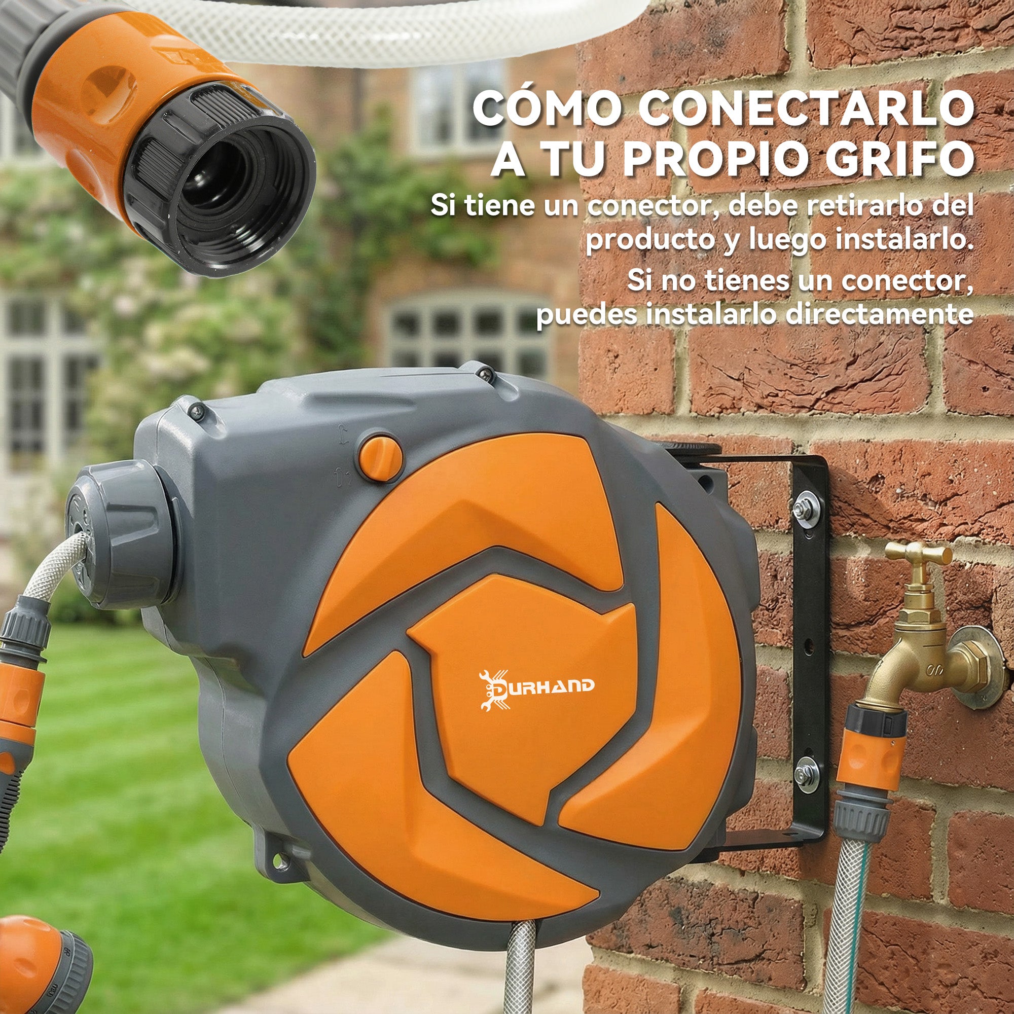 DURHAND Enrollador de Manguera para Jardín 10+1 m con Boquilla de 7 Funciones, Carrete de Manguera de Jardín de Pared, Giratorio 180°, con Retorno Enrollado Automático, Gris Oscuro y Naranja