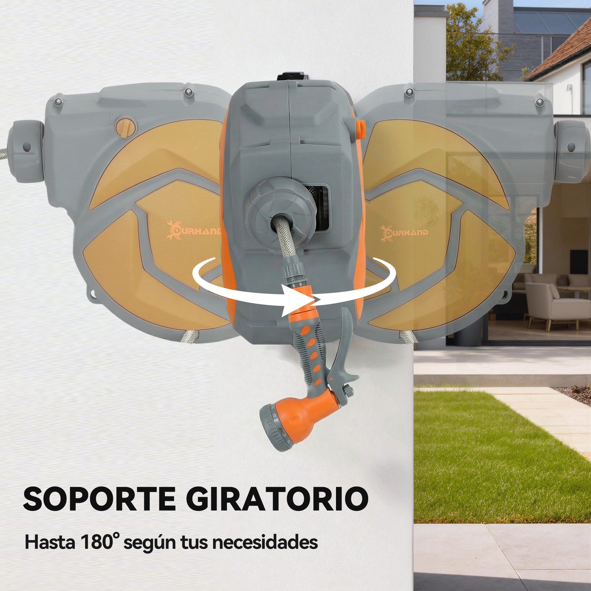 DURHAND Enrollador de Manguera para Jardín 10+1 m con Boquilla de 7 Funciones, Carrete de Manguera de Jardín de Pared, Giratorio 180°, con Retorno Enrollado Automático, Gris Oscuro y Naranja
