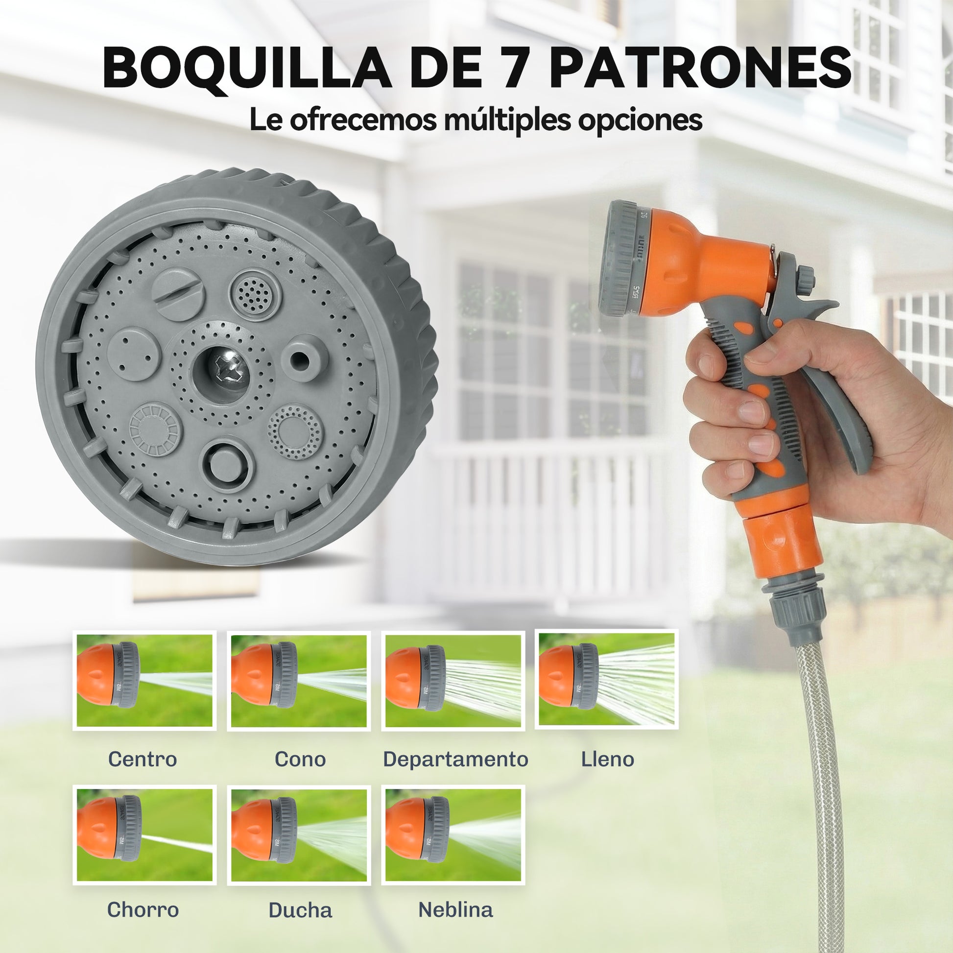 DURHAND Enrollador de Manguera para Jardín 10+1 m con Boquilla de 7 Funciones, Carrete de Manguera de Jardín de Pared, Giratorio 180°, con Retorno Enrollado Automático, Gris Oscuro y Naranja