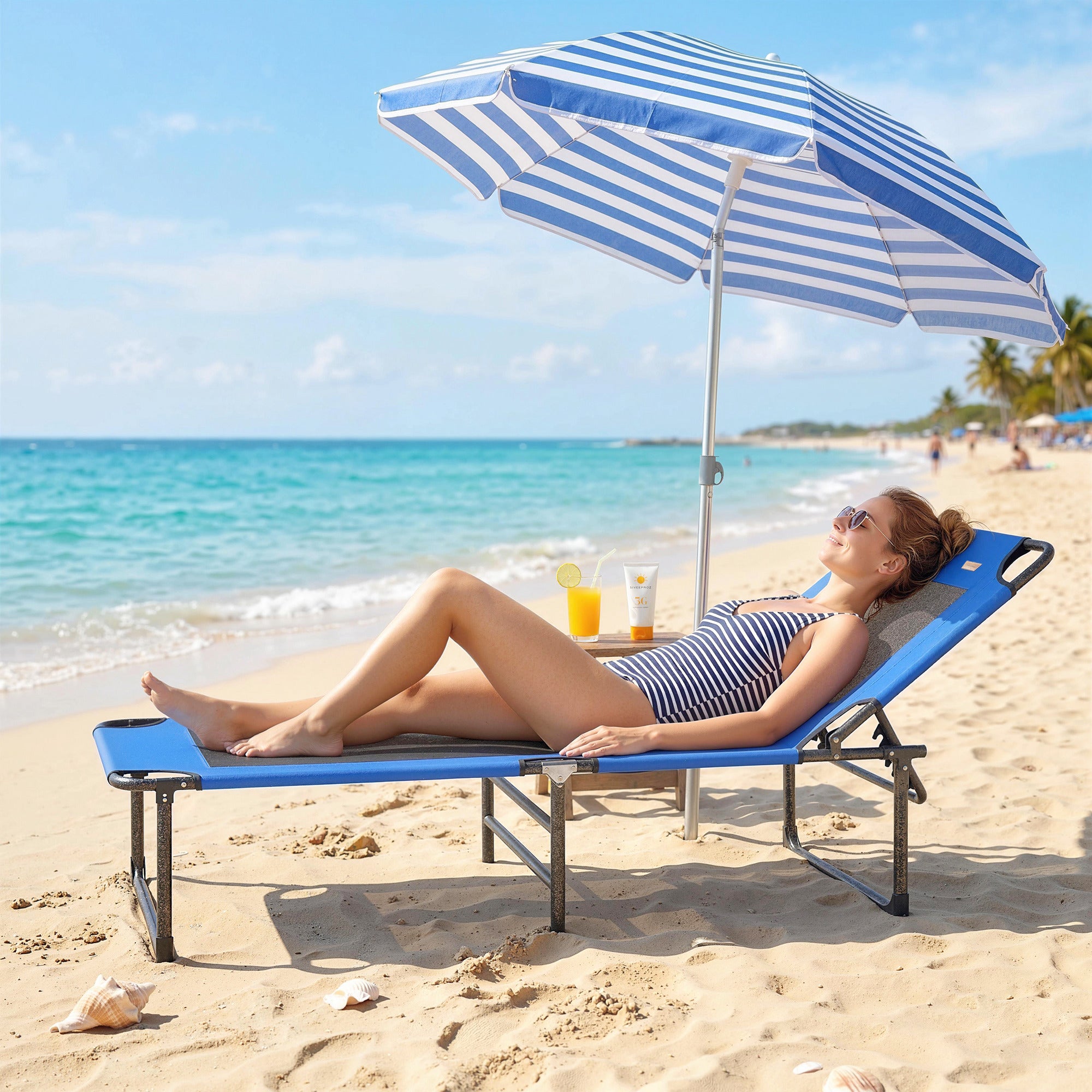 Outsunny Tumbona Plegable, Tumbona Jardín Exterior con Respaldo Ajustable en 4 Posiciones, Asas de Transporte y Respaldo de Textilene, Carga 120 kg, para Terraza, Piscina, Playa, 175x58x68 cm, Azul