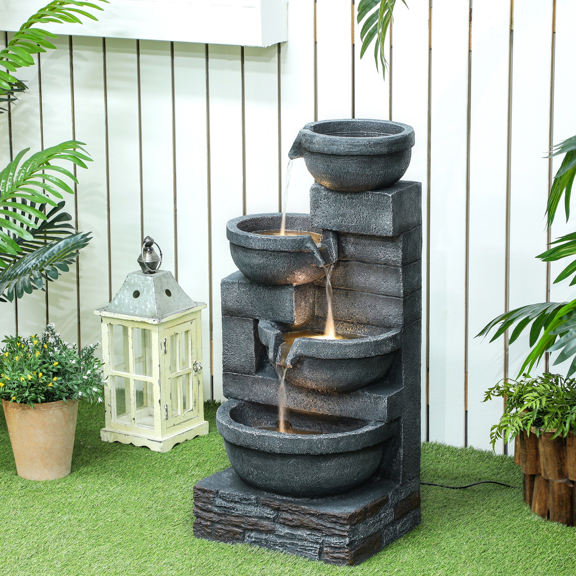 Outsunny Fuente de Agua Fuente de Jardín con Iluminación LED Fuente Decorativa en Cascada de 4 Niveles para Jardín Patio Terraza 38x35x78,5 cm Gris