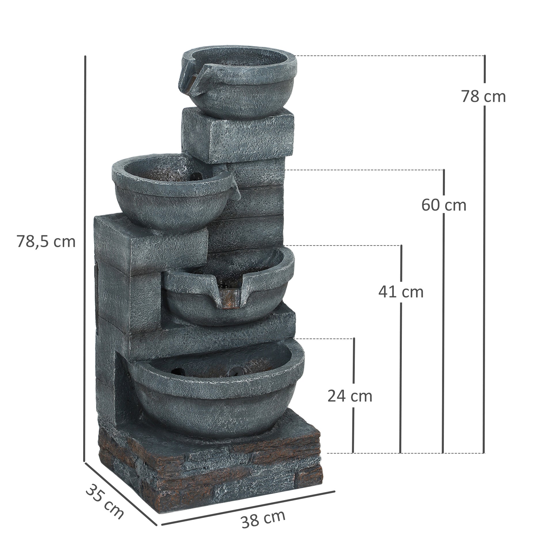 Outsunny Fuente de Agua Fuente de Jardín con Iluminación LED Fuente Decorativa en Cascada de 4 Niveles para Jardín Patio Terraza 38x35x78,5 cm Gris