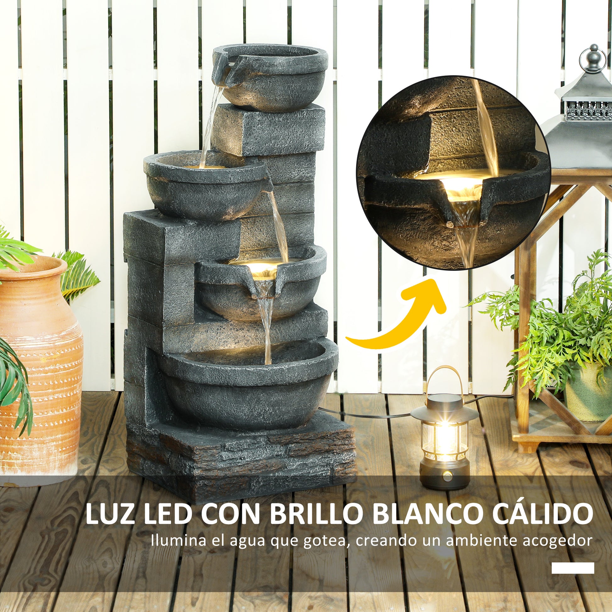 Outsunny Fuente de Agua Fuente de Jardín con Iluminación LED Fuente Decorativa en Cascada de 4 Niveles para Jardín Patio Terraza 38x35x78,5 cm Gris