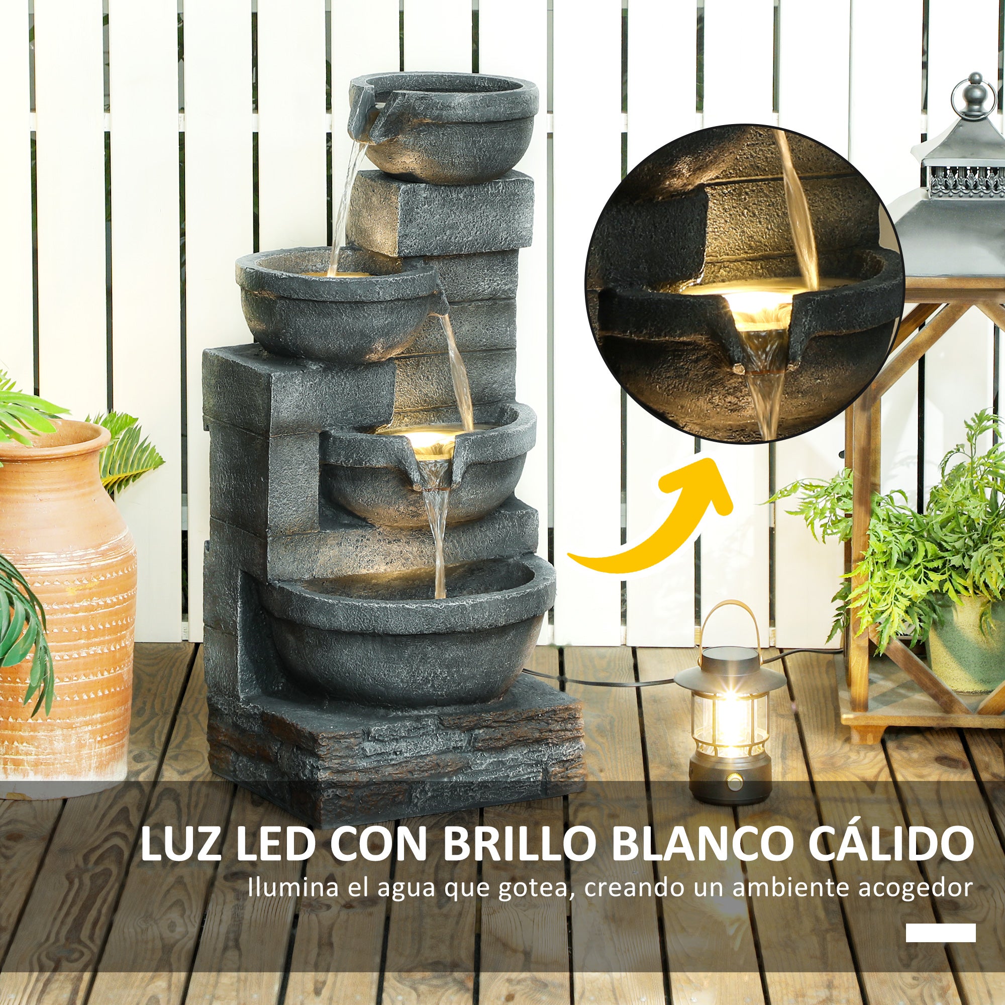 Outsunny Fuente de Agua Fuente de Jardín con Iluminación LED Fuente Decorativa en Cascada de 4 Niveles para Jardín Patio Terraza 38x35x78,5 cm Gris