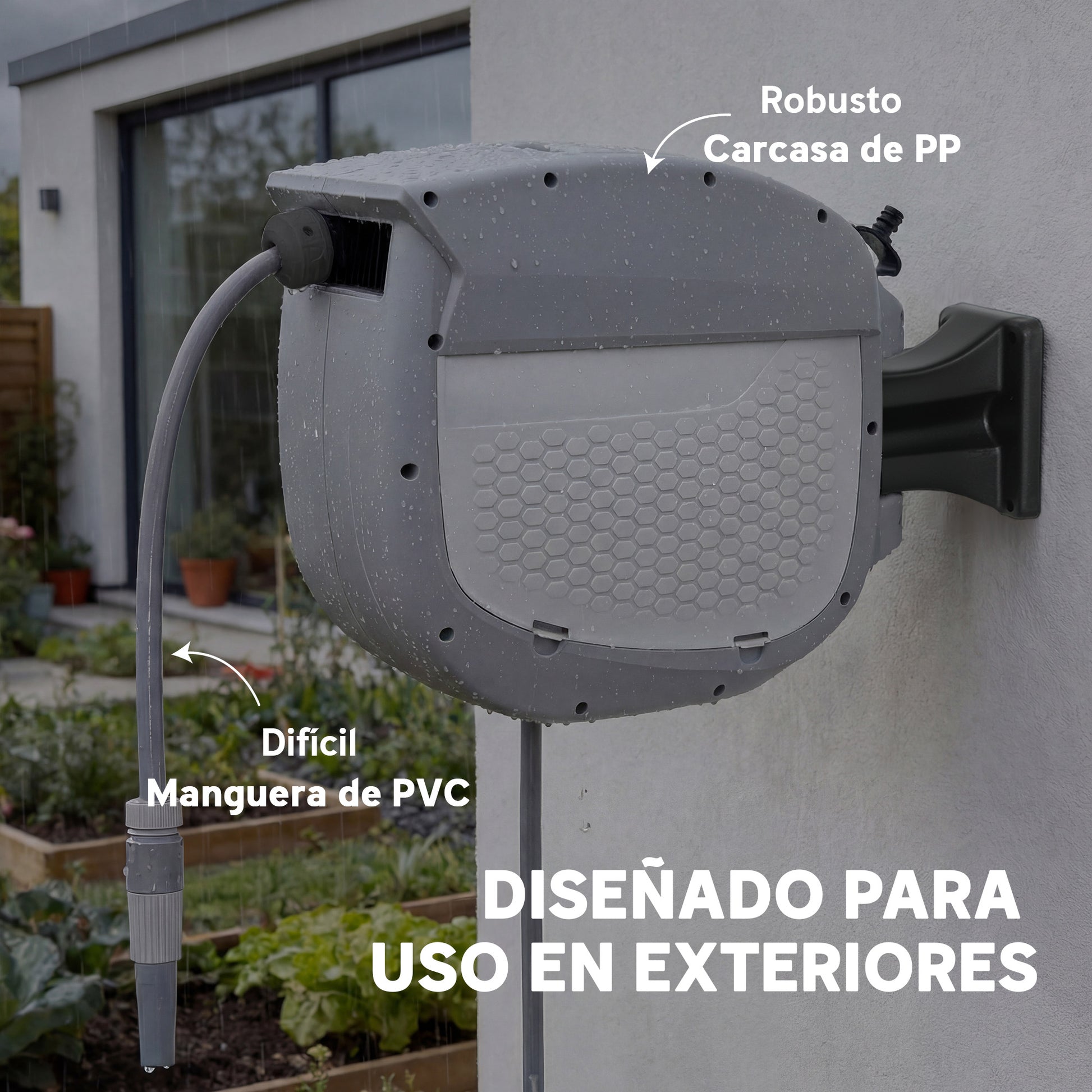 Outsunny Enrollador de Manguera para Jardín 20+1,9 m con Boquilla de 2 Modos, Carrete de Manguera de Jardín de Pared con Bloqueo Automático y Retracción Controlada, Soporte Orientable 180°, Gris
