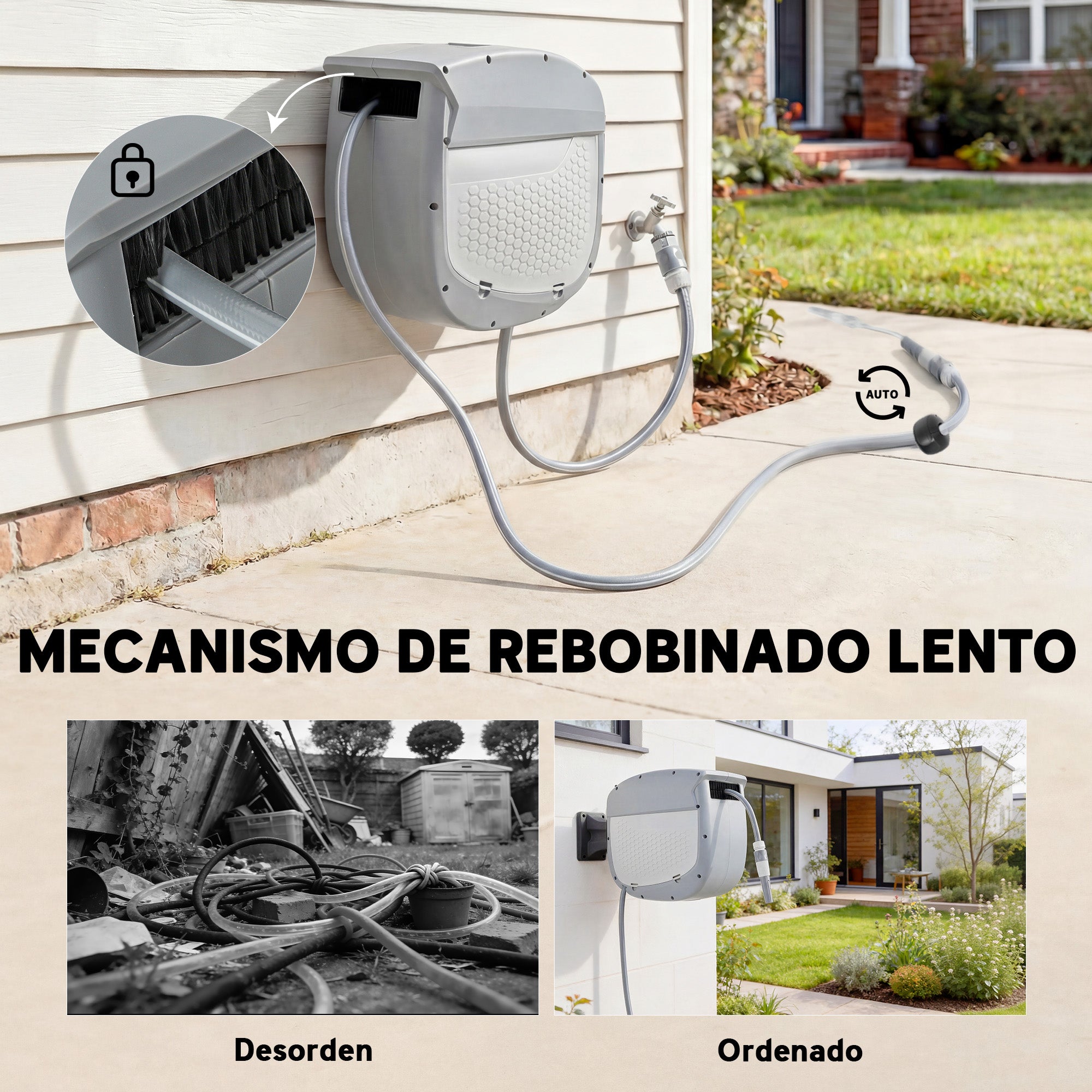 Outsunny Enrollador de Manguera para Jardín 20+1,9 m con Boquilla de 2 Modos, Carrete de Manguera de Jardín de Pared con Bloqueo Automático y Retracción Controlada, Soporte Orientable 180°, Gris