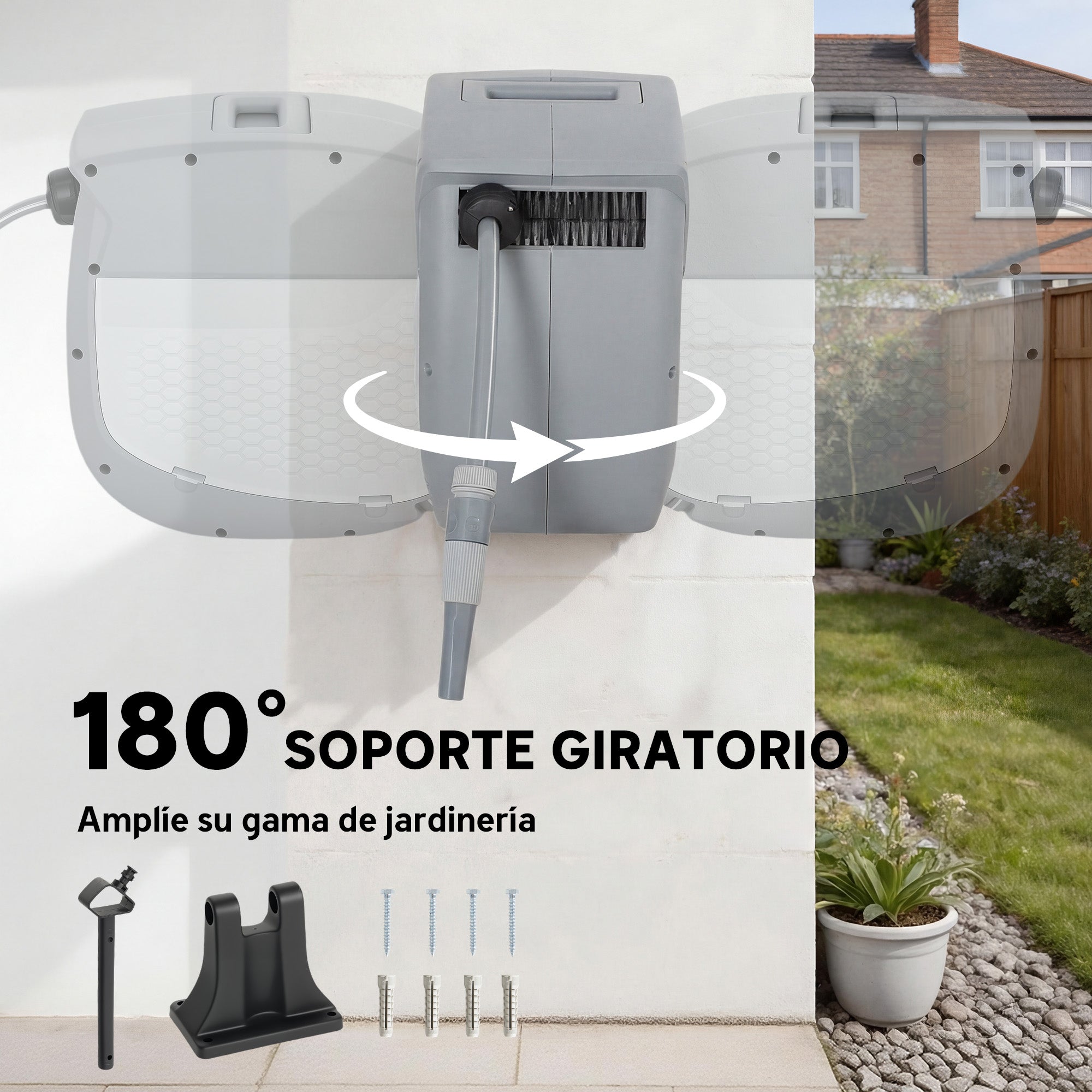 Outsunny Enrollador de Manguera para Jardín 20+1,9 m con Boquilla de 2 Modos, Carrete de Manguera de Jardín de Pared con Bloqueo Automático y Retracción Controlada, Soporte Orientable 180°, Gris