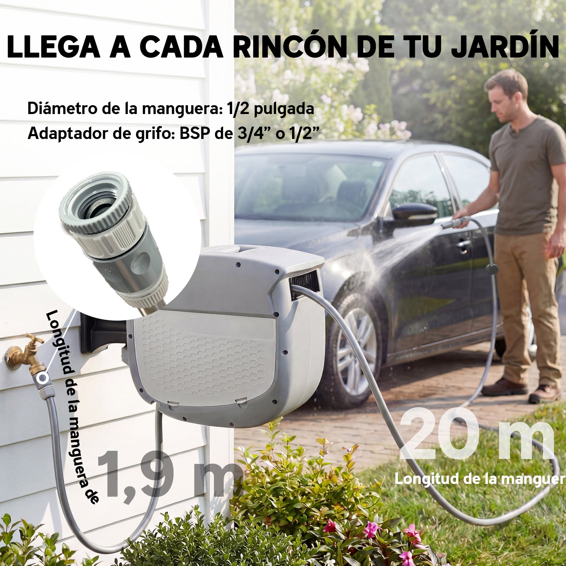 Outsunny Enrollador de Manguera para Jardín 20+1,9 m con Boquilla de 2 Modos, Carrete de Manguera de Jardín de Pared con Bloqueo Automático y Retracción Controlada, Soporte Orientable 180°, Gris