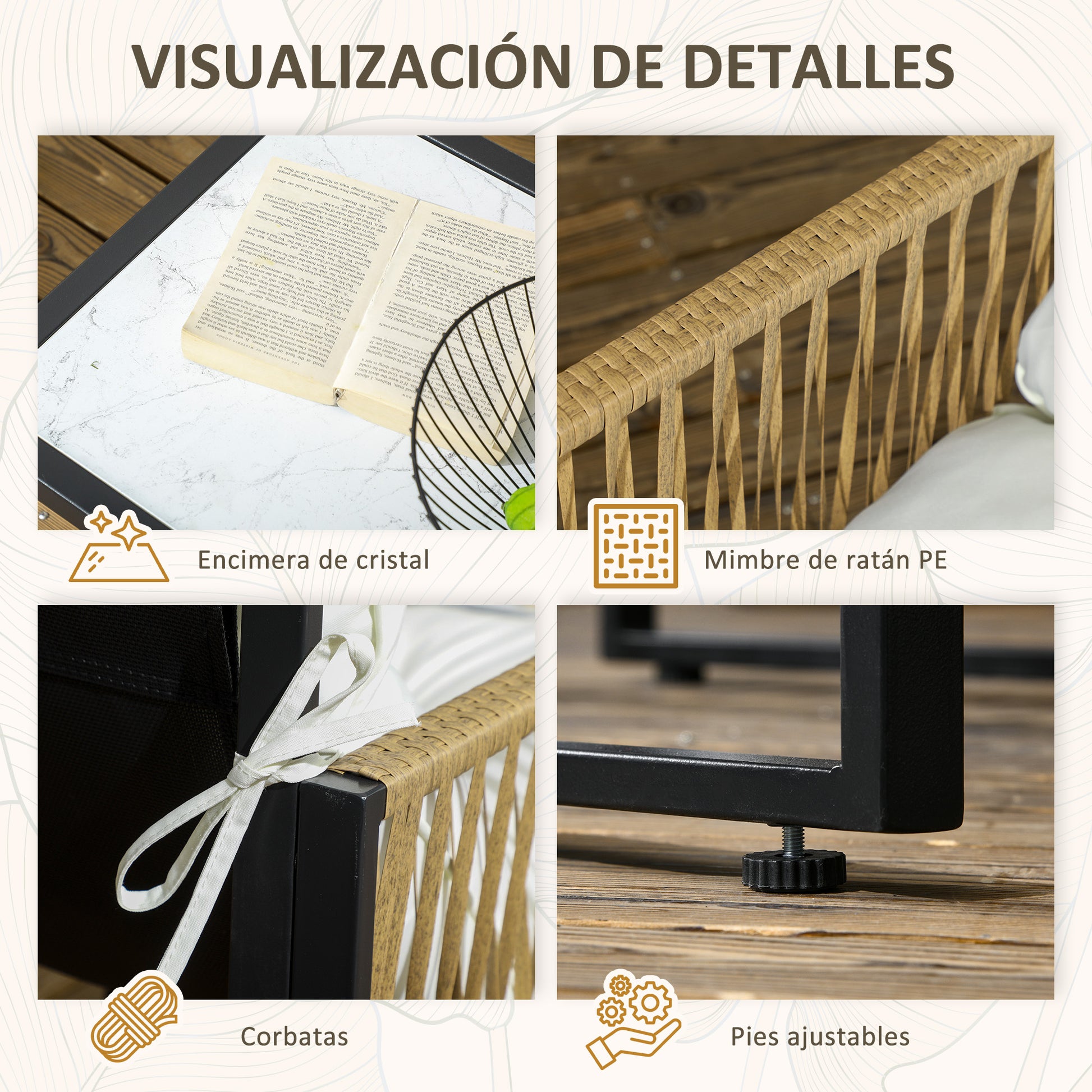 Outsunny Conjunto Jardín Exterior de Ratán, Muebles Jardín Exterior para 4 Piezas, Muebles Terraza con 1 Sofá de 2 Plazas, 2 Sillones, Cojines y 1 Mesa de Tablero de Vidrio, para Patio, Crema y Marrón