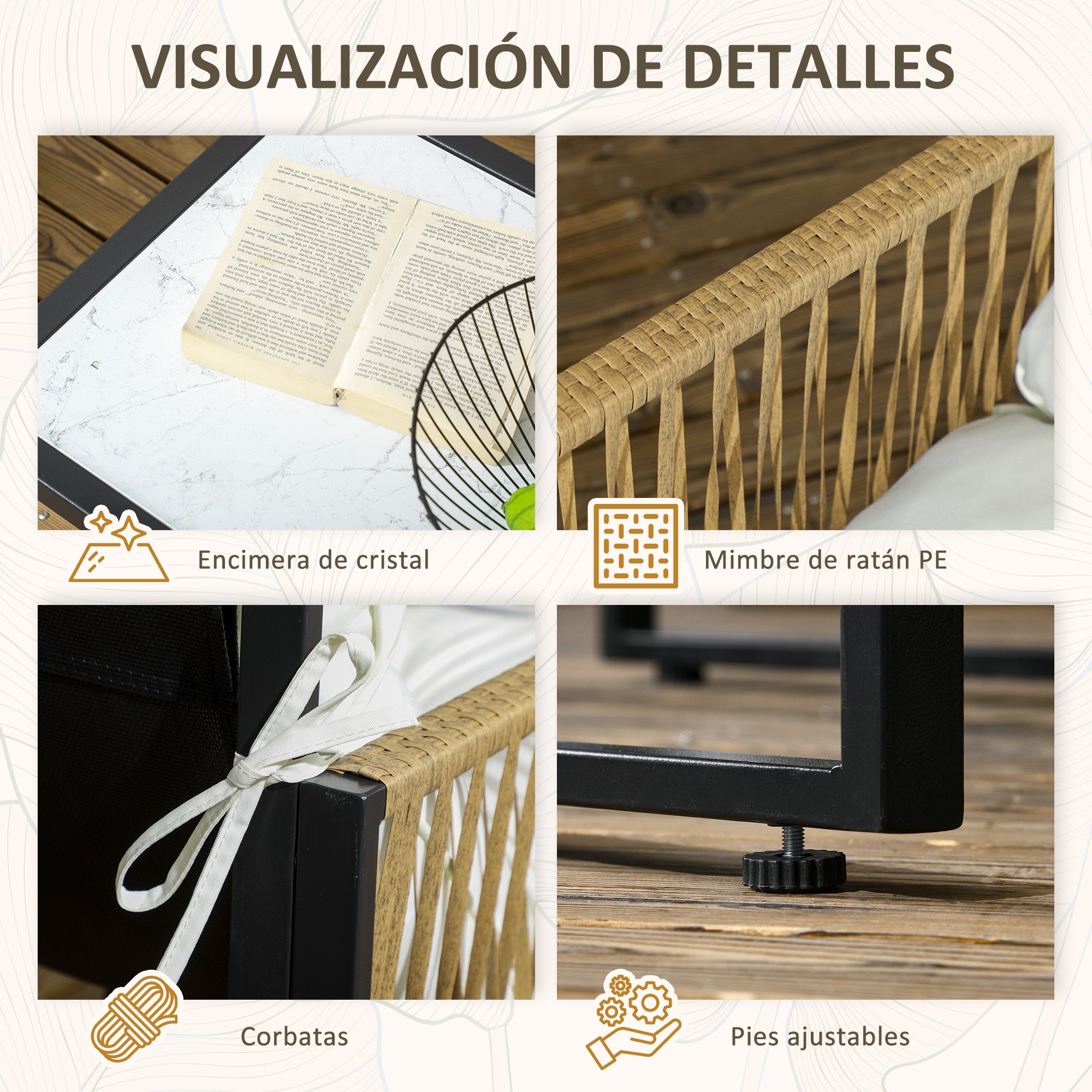 Outsunny Conjunto Jardín Exterior de Ratán, Muebles Jardín Exterior para 4 Piezas, Muebles Terraza con 1 Sofá de 2 Plazas, 2 Sillones, Cojines y 1 Mesa de Tablero de Vidrio, para Patio, Crema y Marrón