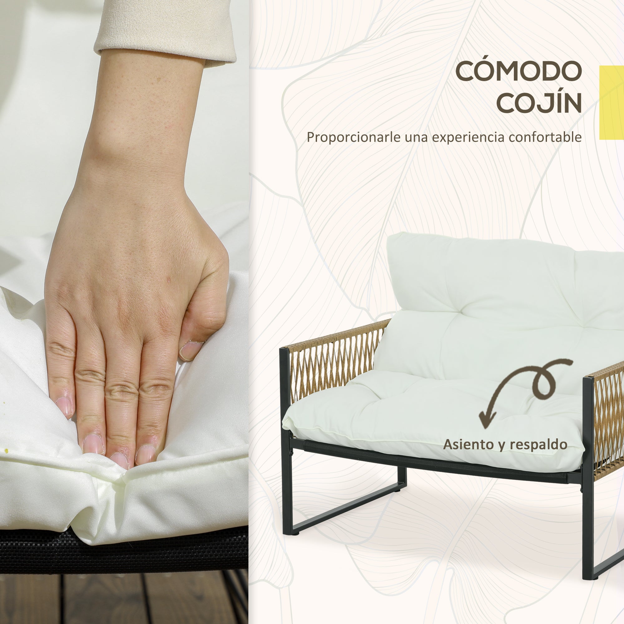 Outsunny Conjunto Jardín Exterior de Ratán, Muebles Jardín Exterior para 4 Piezas, Muebles Terraza con 1 Sofá de 2 Plazas, 2 Sillones, Cojines y 1 Mesa de Tablero de Vidrio, para Patio, Crema y Marrón